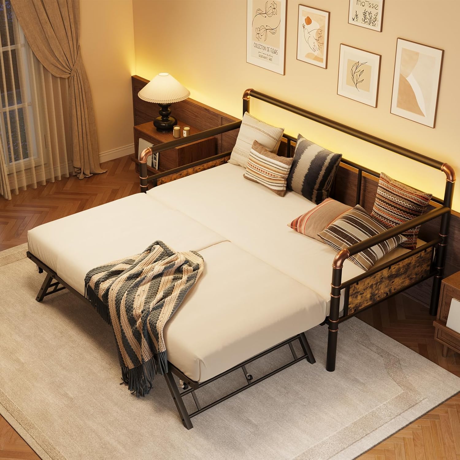 GarveeHome Daybed with Trundle, Twin Daybed with Pop Up Trundle Set, Metal Twin Bed Frame with Steel Slat Support, Sofa BedFrame for Kids/Teens/Adults, Easy Assembly, Brown
