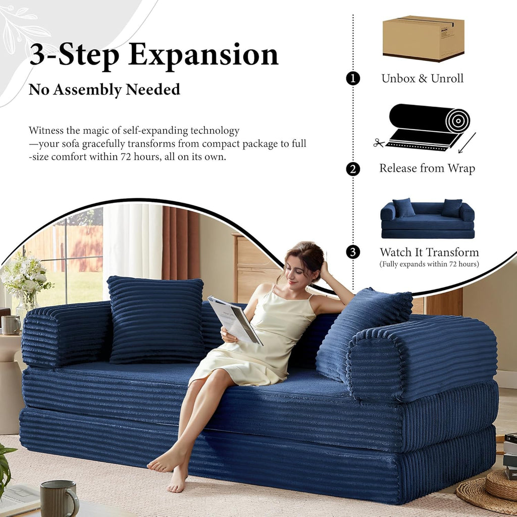 Boneless Couch Futon Sofa Bed Sectional Couches for Living Room,Cloud Couch with Sleeper Sofa,Sofas for Living Room Oversized Corduroy Upholstered (Blue, 76 Inches (No Iron Frame))