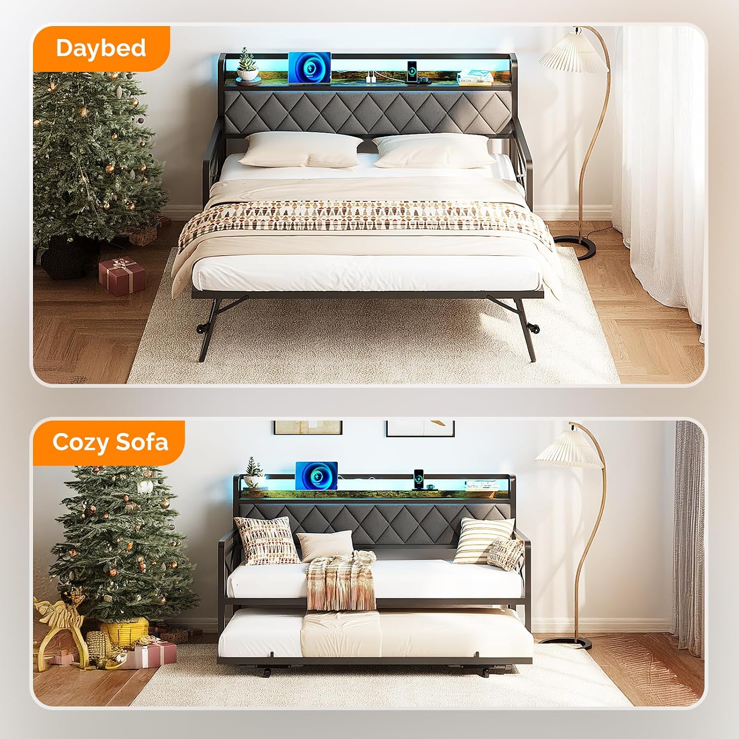 VINGLI Twin Daybed with Pop-up Trundle Bed, Day Bed with LED Light & Charing Station, Upholstered Bed Frame with Storage Headboard and Heavy Duty Metal Slats, Living Room, Bedroom, Guest Room, Gray