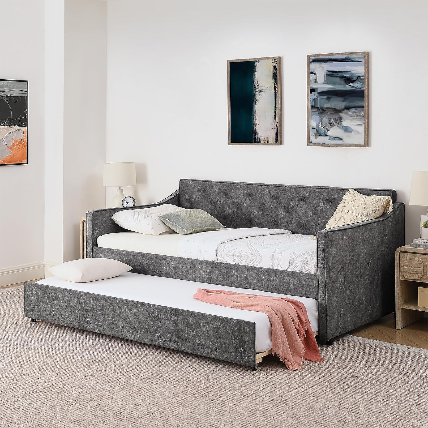 Antetek Daybed with Pop up Trundle, Fabric Upholstered Twin Size Day Bed Pull-Point Sofa Daybed Frame w/Twin Roll-Out Trundle/USB Port, Furniture for Bedroom, Living Room, Guest Room, Grey