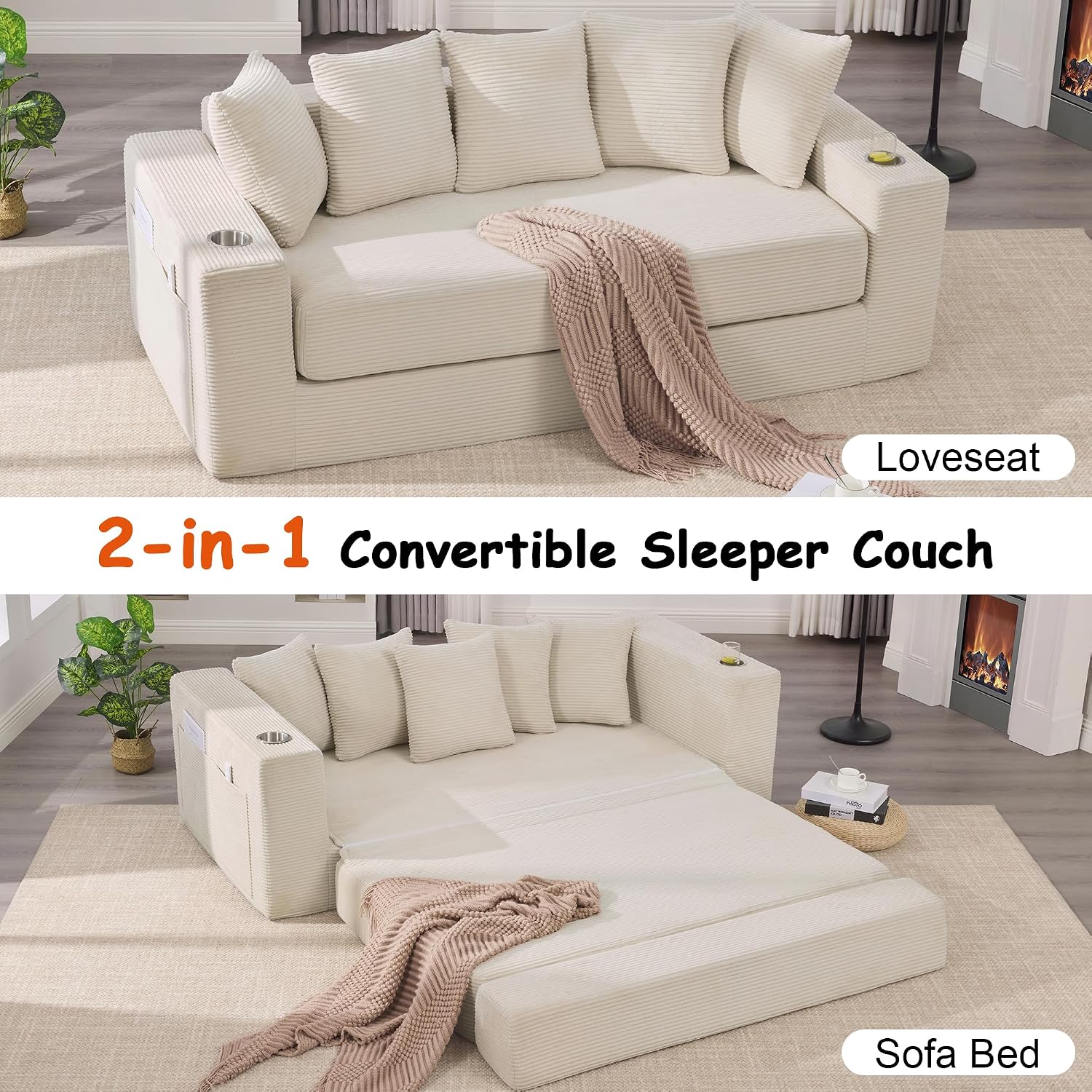 76' Convertible Sofa Bed, 2-in-1 Boneless Sleeper Sofa with Cup Holder & Pocket, Corduroy Pull Out Couch with 5 Pillows, Couch Bed for Living Room, Small Spaces, Bedroom, No Assembly