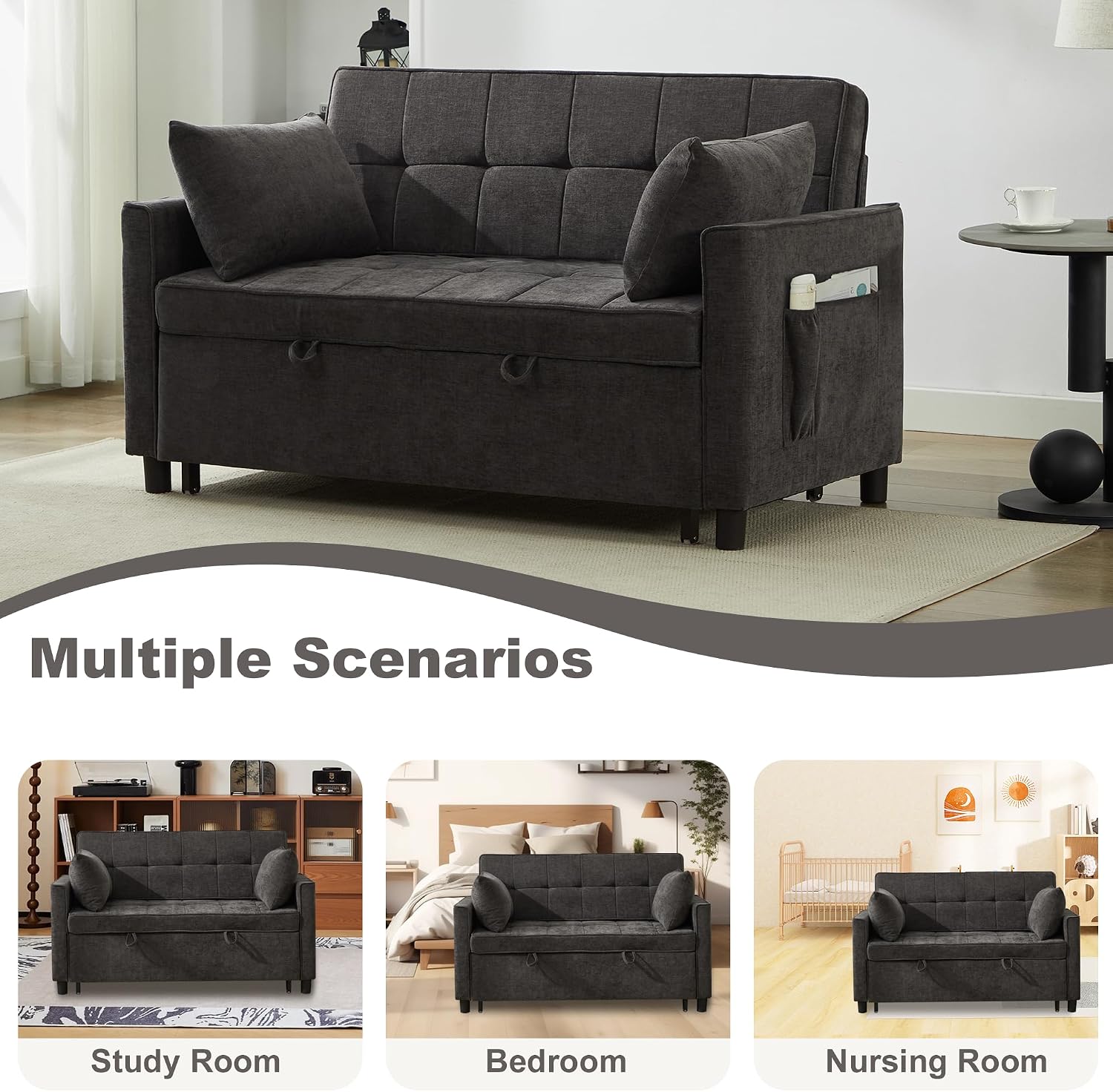 Tbfit 57' Convertible Sofa Bed, Chenille Futon Sleeper Sofa Couch with Pullout Bed, USB & Adjustable Backrest, Full Size Pull Out Loveseat Couches for Living Room, Apartment, Office, Dorm, Dark Grey