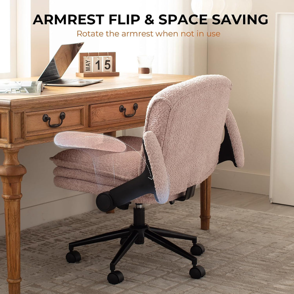 Dowinx Criss Cross Chair with Adjustable Flip-up Arms and Wheels, Comfort Ergonomic Office Desk Armchair with 3 Layer Cushions, Wide Seat Vanity Chair for Home Office, Living Room, Bedroom, Pink