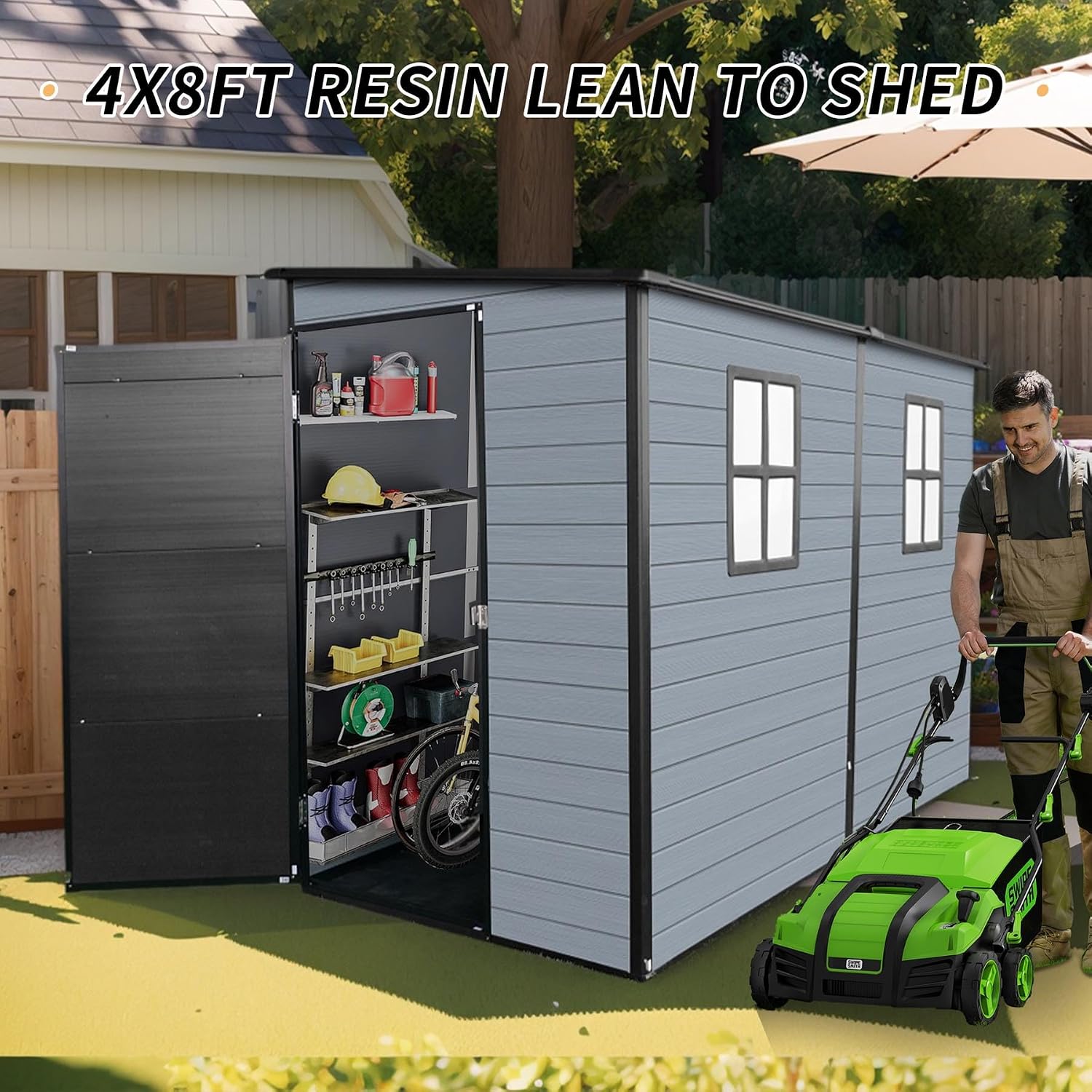 4x8FT Resin Outdoor Storage Shed with 2 Windows, Outdoor Storage Shed with Floor Lockable Door for Garden Tools, Bicycles, Trash Cans, Gray+Black (4x8 FT Steel)