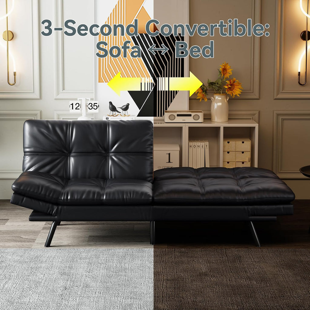 Futon Sofa Bed Convertible Couch, Black Faux Leather Sofa Bed with Memory Foam, Adjustable Backrest & Armrests, Multifunctional Small Loveseat Sleeper Sofa for Living Room, Apartment, Office