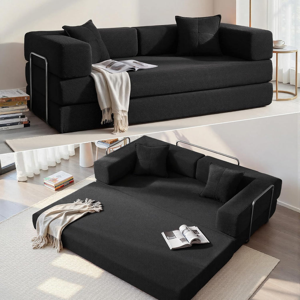 YINIX Foldable Sofa Bed, 78'' Folding Floor Couch, Compressed Convertable Sleeper Sofa, Memory Foam Couch with Pillow Back Support Armrest, 4-in-1 Futon Sofa Bed for Living Room, Black