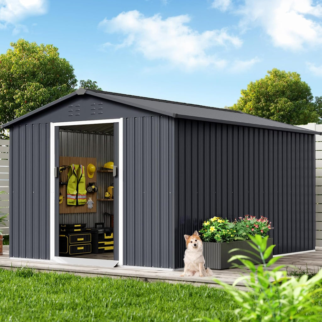 8x12 ft Outdoor Metal Storage Shed with Lockable Sliding Door & Sloping Roof, Galvanized Steel Frame Waterproof Garden Tool Shed for Backyard, Garden, Lawn - Ventilated Backyard Metal Sheds, Gray