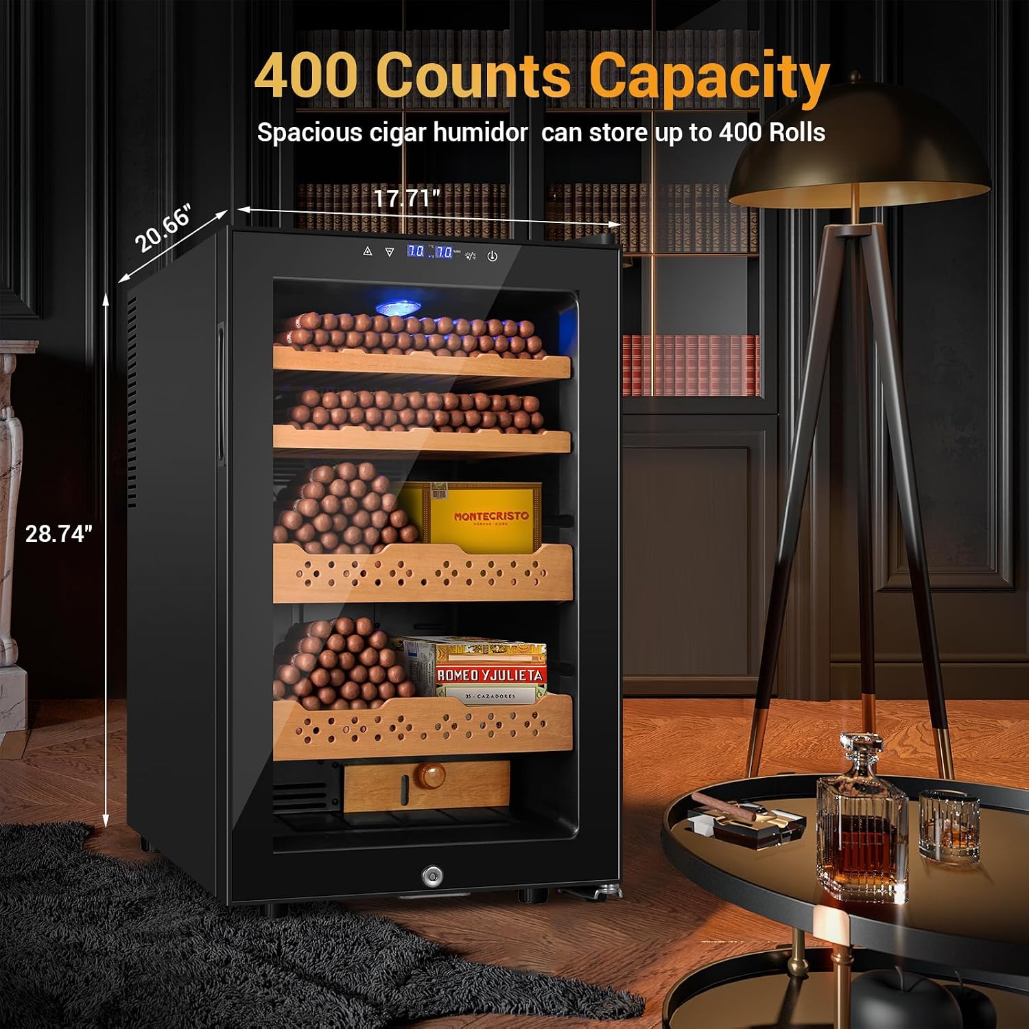 Electric Humidor, 70L 400 Counts Large Capacity,Thermostatic Cooling Humidor Cabinet with Smart Humidity & Temp Control, Spanish Cedar Wood Shelves, Safety Lock