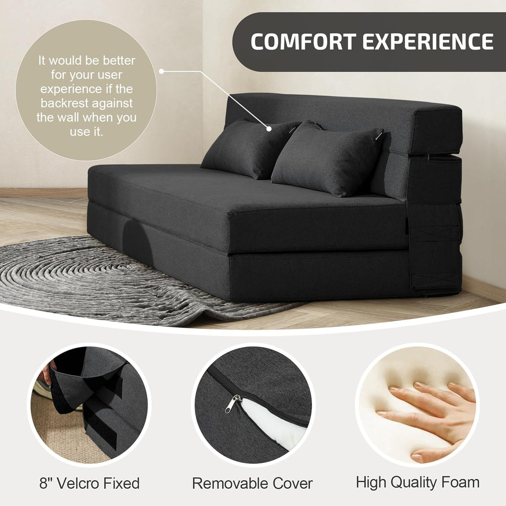 SUYOLS Convertible Folding Sofa Bed - Chair Bed Sleeper with Pillow, Modern Linen Fabric Fold Out & Futon Couch, Foldable Mattress for Living Room/Dorm/Guest Use/Home Office, Queen Size, Dark Gray
