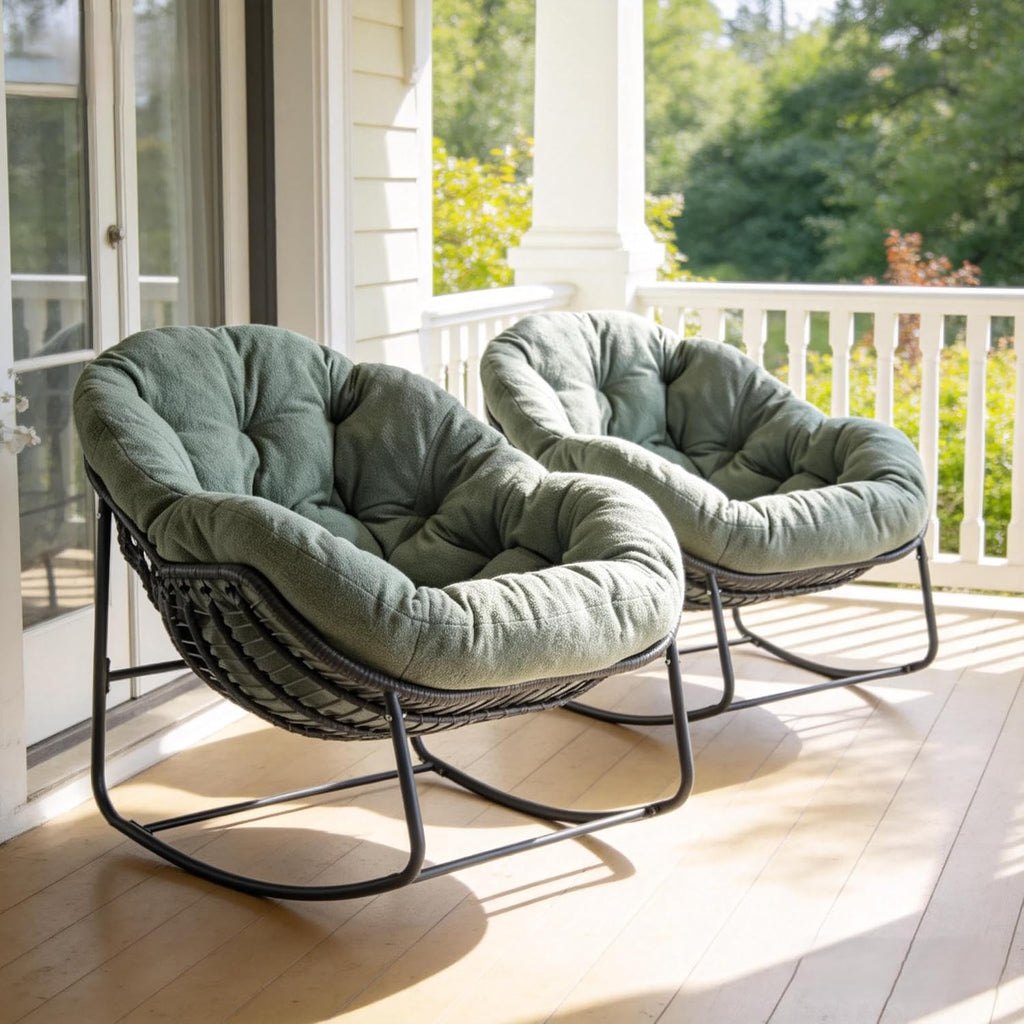 YDcosyfy Oversized Outdoor Papasan Rocking Chair Set of 2 with Soft Cushion, Comfy Patio Egg Chair, Wicker Lounge Rocker for Balcony/Porch/Garden, Reinforced All Weather Rattan Frame, Hunter Green