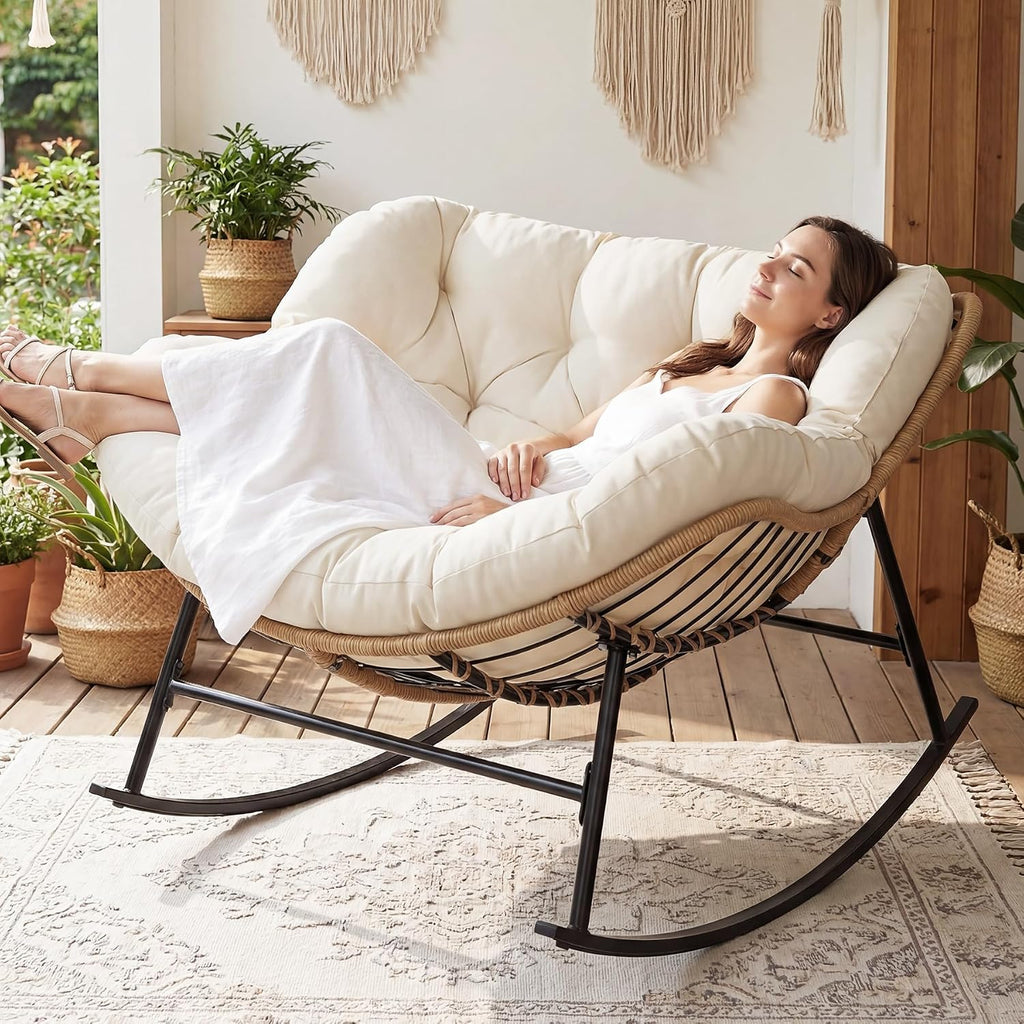 BULEXYARD Oversized Rocking Egg Chair Indoor Outdoor, Wicker Royal Papasan Rocking Chair with Beige Thick Cushion, 450 Lbs Heavy Duty Comfy Recliner Lounge Rocker for Balcony, Porch, Backyard, Lawn