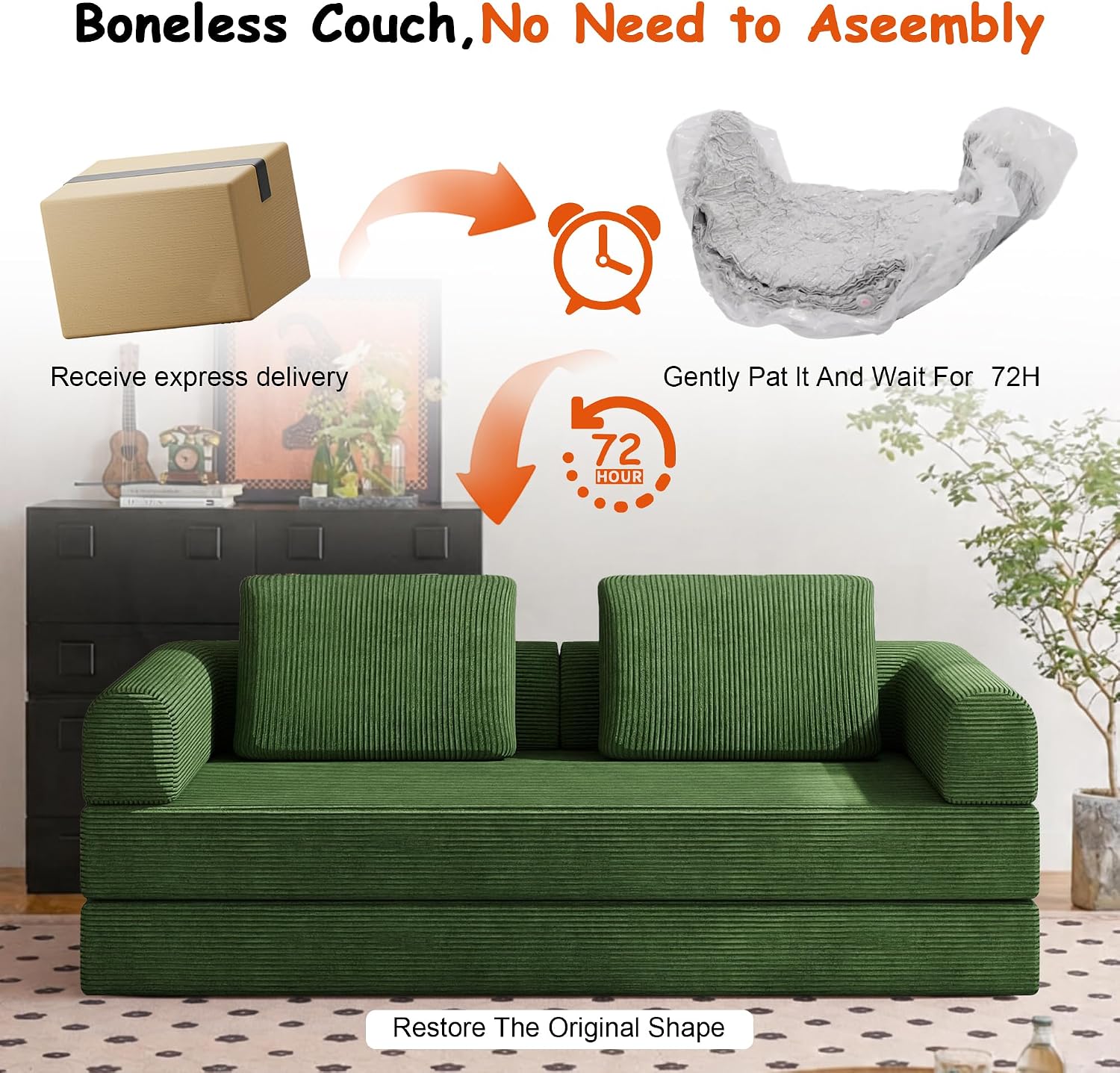78' Convertible Sofa Bed, 5-in-1 Boneless Sleeper Sofa with with Fixed Frame & Pocket, Corduroy Pull Out Couch with 2 Pillows, Couch Bed for Living Room, Small Spaces, Bedroom, No Assembly