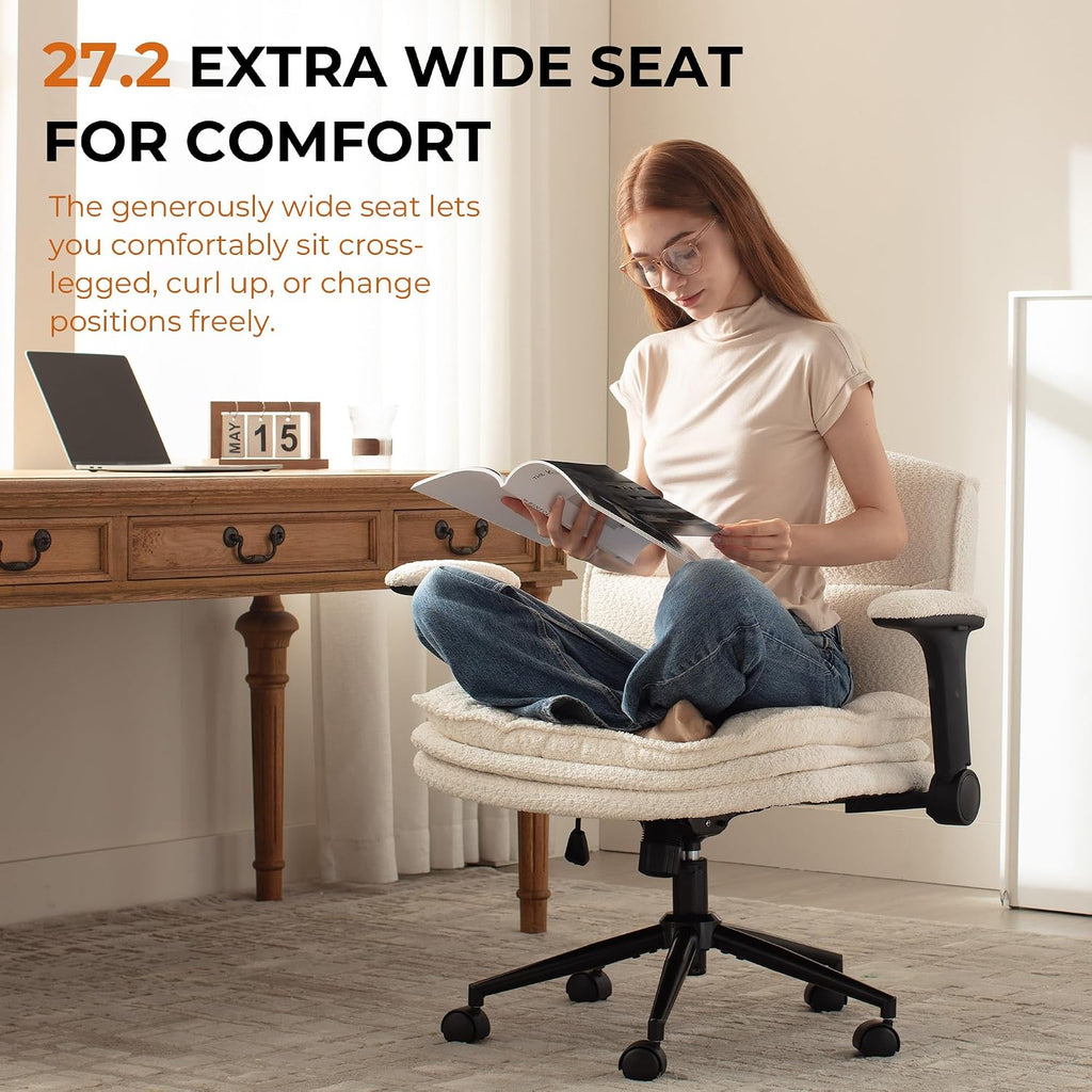 Dowinx Criss Cross Chair with Adjustable Flip-up Arms and Wheels, Comfort Ergonomic Office Desk Armchair with 3 Layer Cushions, Wide Seat Vanity Chair for Home Office, Living Room, Bedroom, Beige