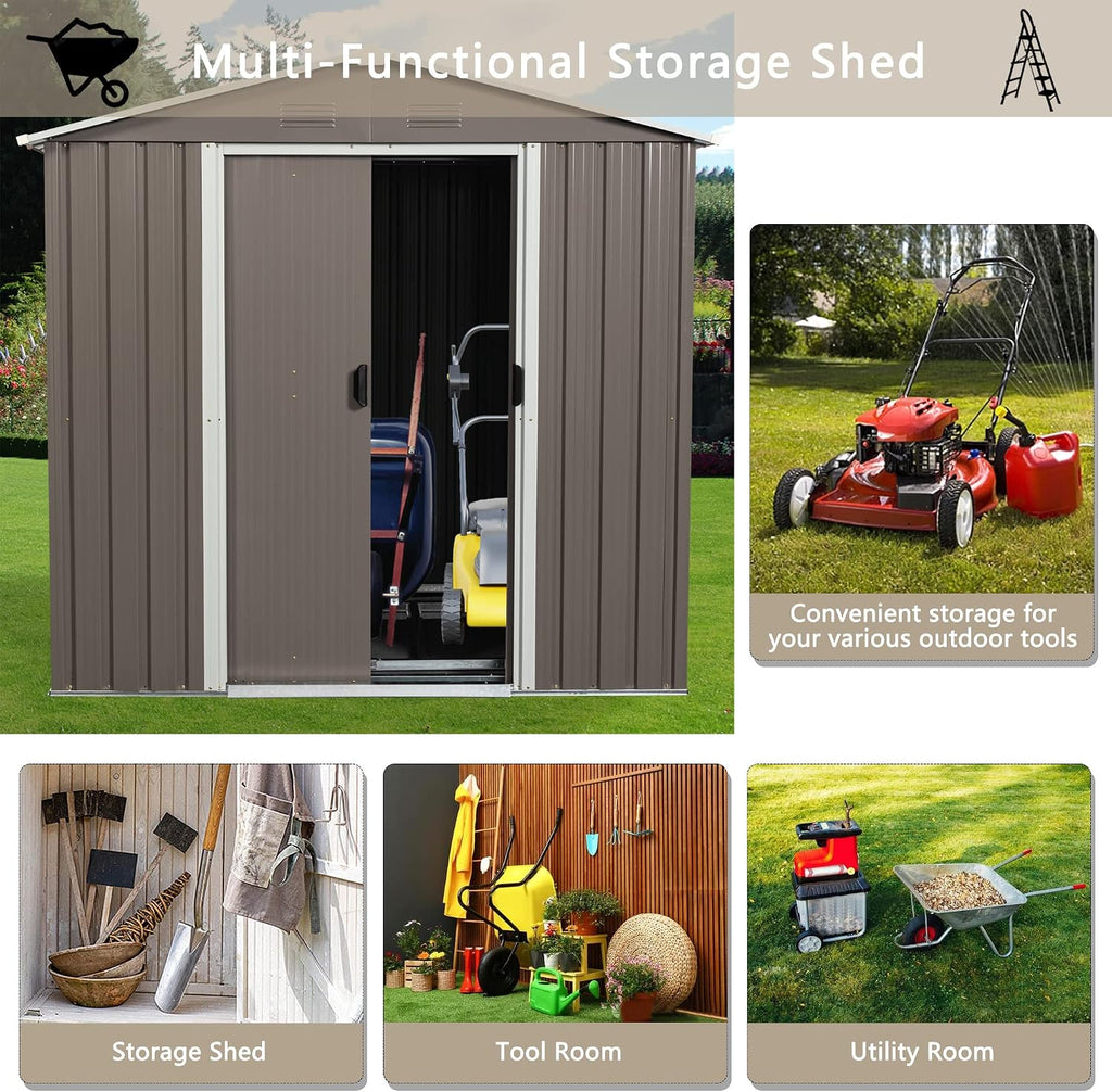 6 x 4 Ft Outdoor Storage Shed, Sturdy Metal Garden Shed with Base Foundation, Waterproof Patio Tools Shed Storage House with Sliding Doors and Window for Backyard Lawn, Gray