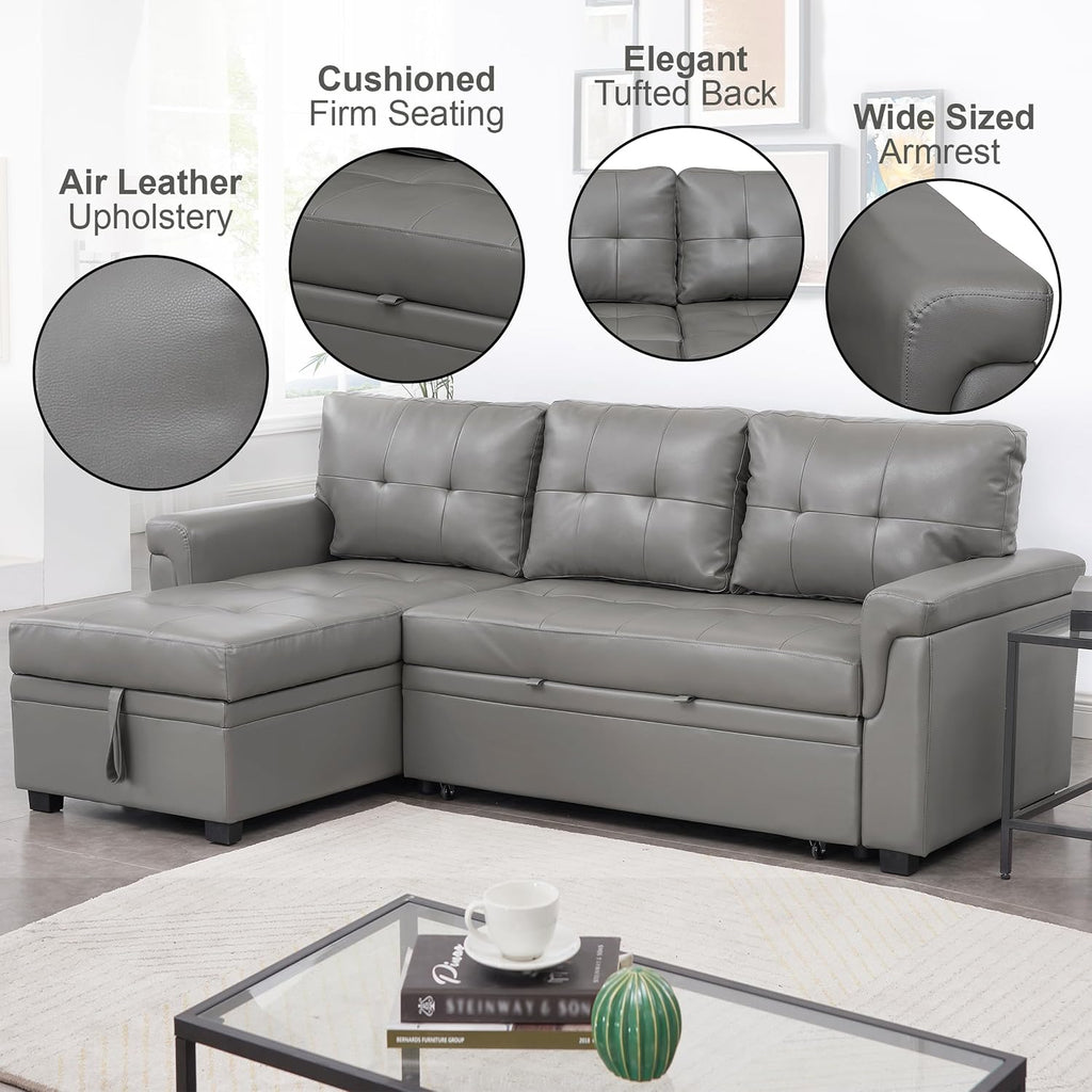 Naomi Home L Shaped Sectional Couch with Storage & Pull Out Bed – 3-in-1 Convertible Sleeper Sofa Bed, Small L Shape Sofa for Living Room, Sofa Bed with Storage Chaise in Gray, Air Leather