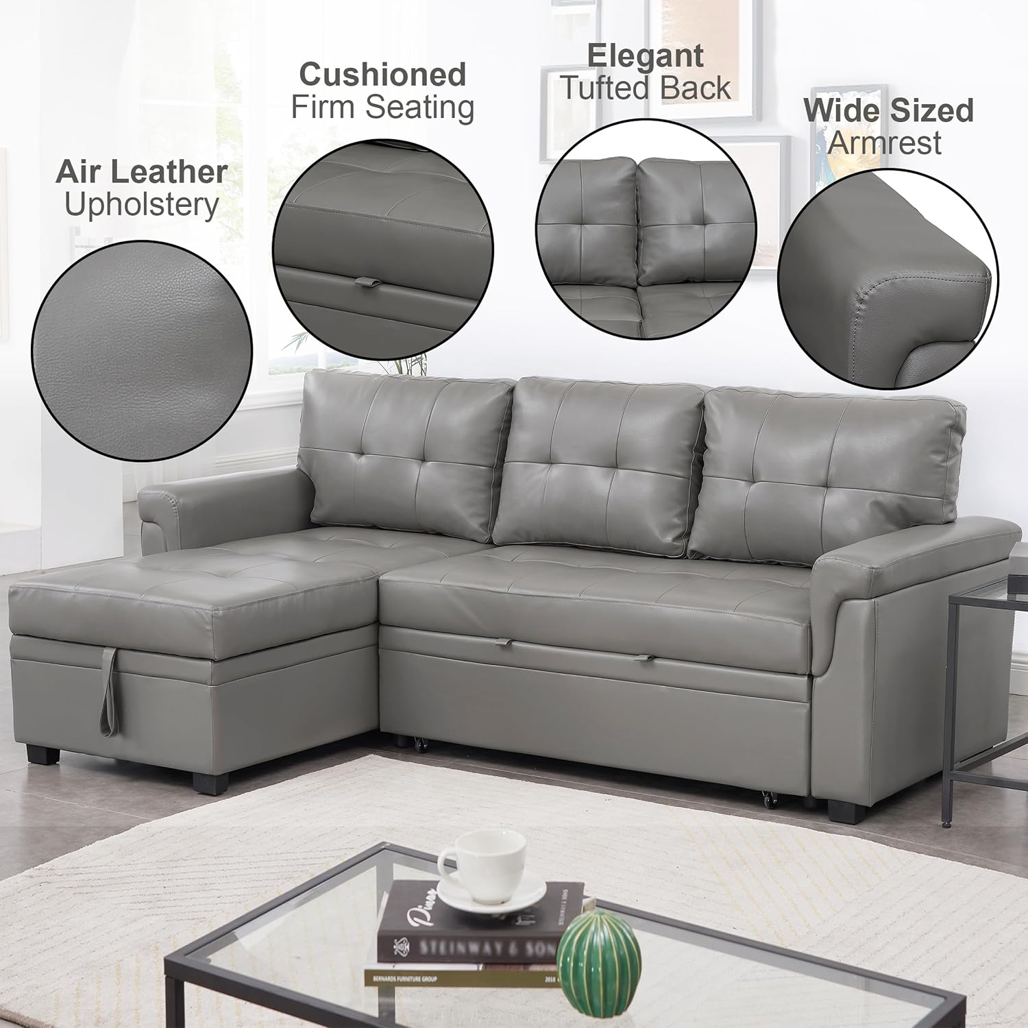 Naomi Home L Shaped Sectional Couch with Storage & Pull Out Bed – 3-in-1 Convertible Sleeper Sofa Bed, Small L Shape Sofa for Living Room, Sofa Bed with Storage Chaise in Gray, Air Leather