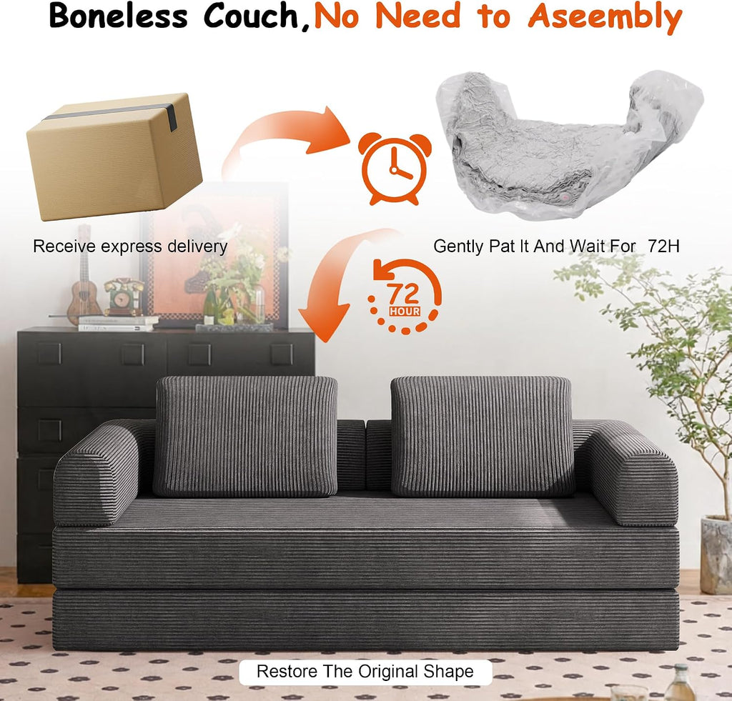 78' Convertible Sofa Bed, 5-in-1 Boneless Sleeper Sofa with with Fixed Frame & Pocket, Corduroy Pull Out Couch with 2 Pillows, Couch Bed for Living Room, Small Spaces, Bedroom, No Assembly