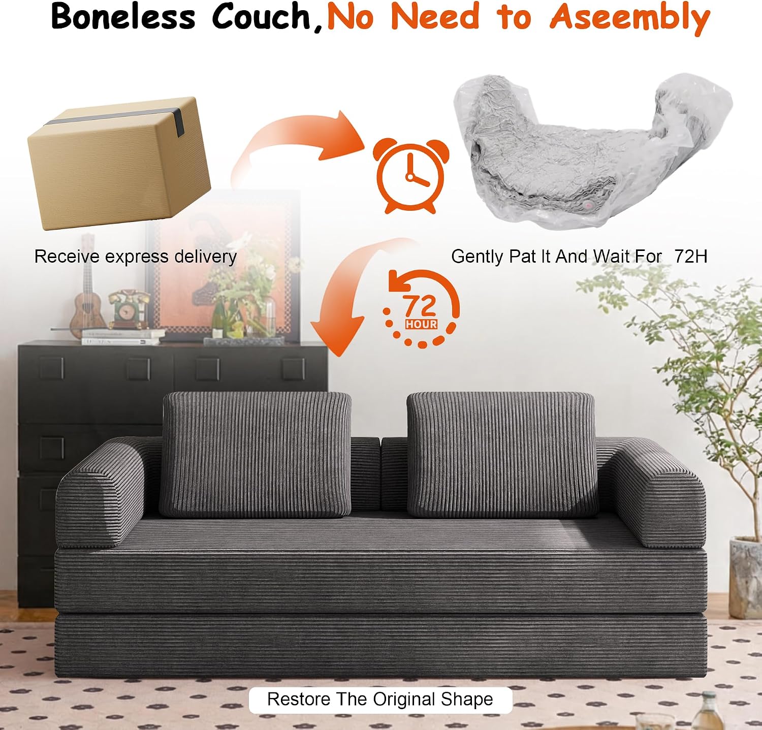 78' Convertible Sofa Bed, 5-in-1 Boneless Sleeper Sofa with with Fixed Frame & Pocket, Corduroy Pull Out Couch with 2 Pillows, Couch Bed for Living Room, Small Spaces, Bedroom, No Assembly