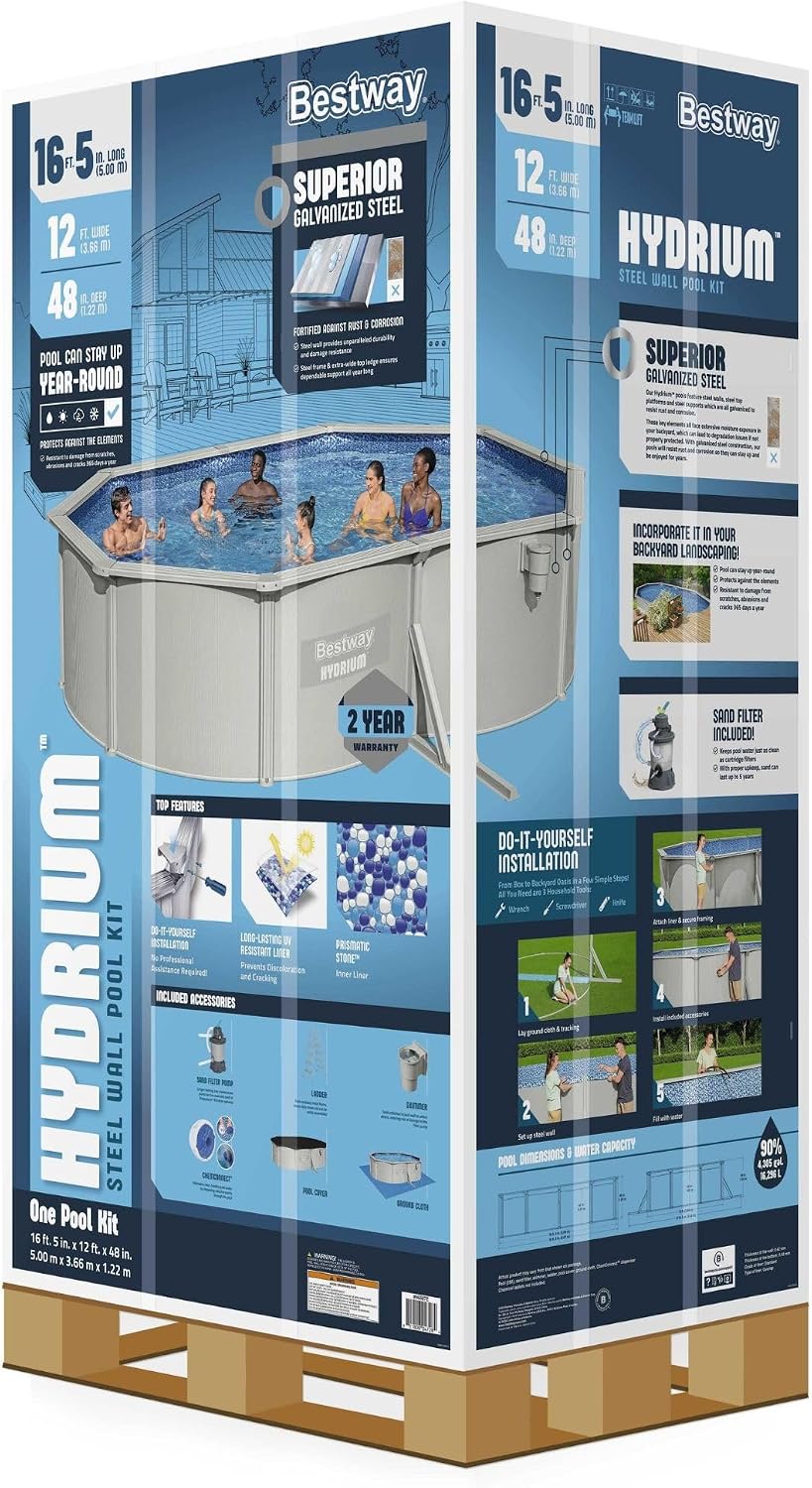 Bestway Hydrium 16'5' x 12' x 48' Above Ground Pool, Oval Steel Side Wall Frame Outdoor Swimming Pool Set with Sand Filter Pump, Ladder & Accessories