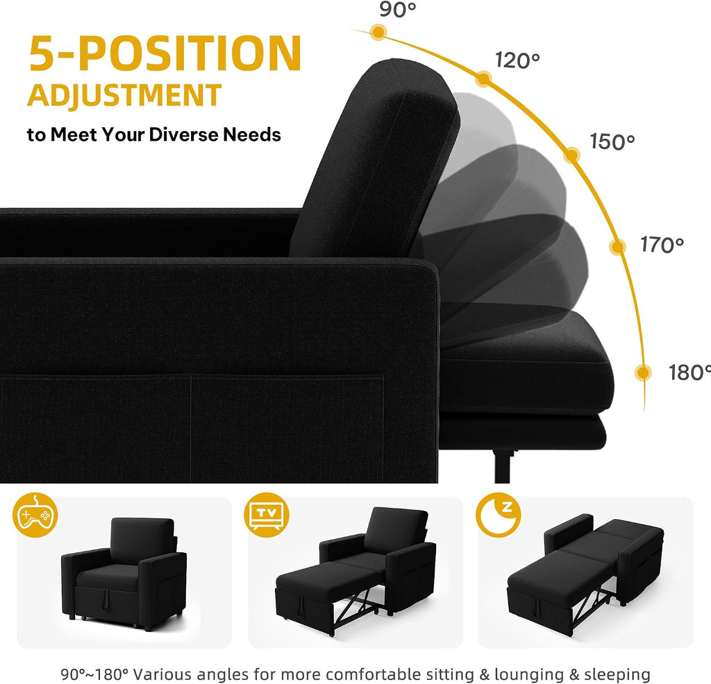 YITAHOME Convertible Sofa Chair Bed, 3-in-1 Sleeper Sofa with Pull-Out Bed, Linen Fabric Single Sleeper Chair with Reclining Backrest and Wide Armrest, Modern Lounge Sofa for Small Space, Black