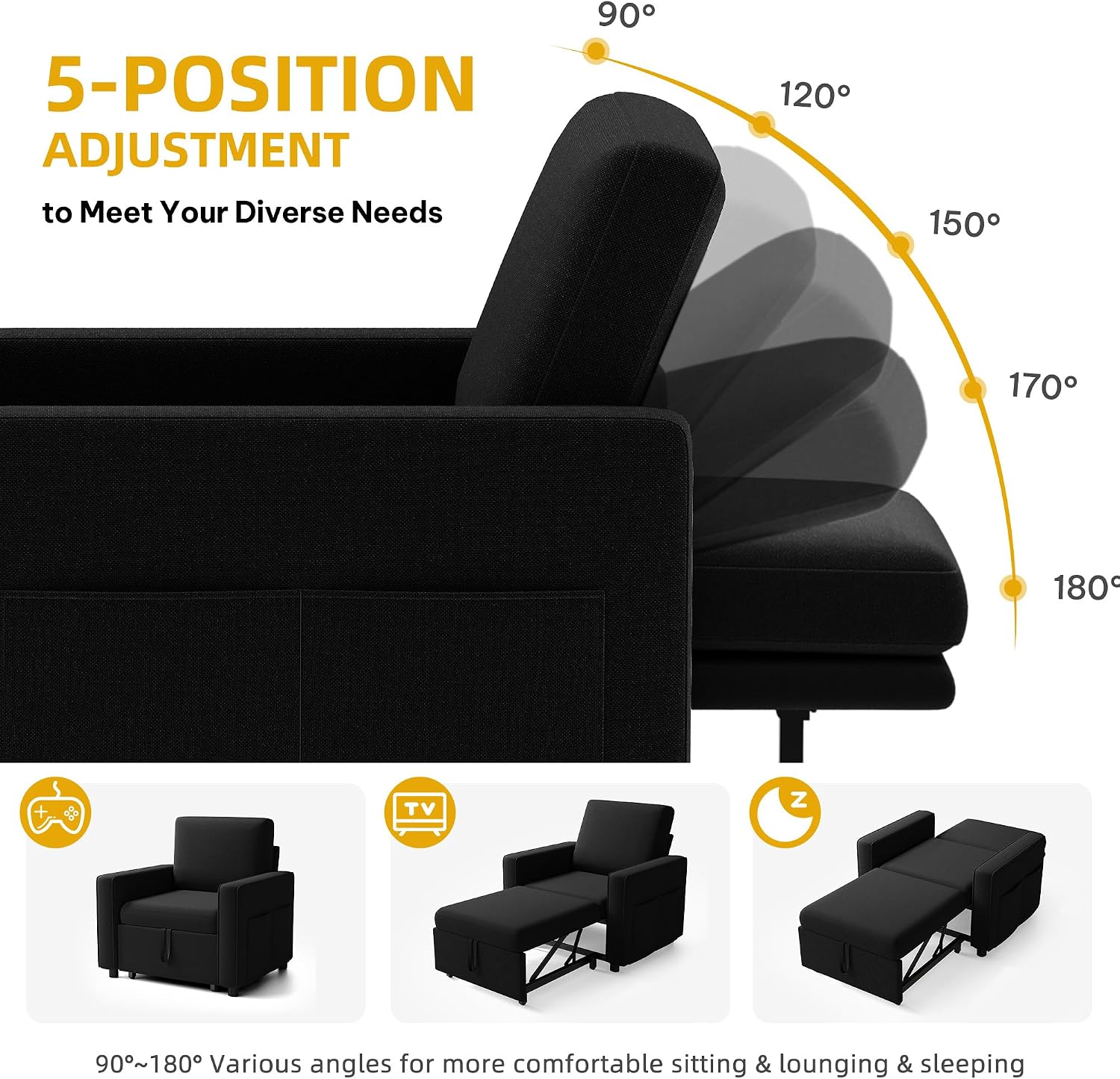 YITAHOME Convertible Sofa Chair Bed, 3-in-1 Sleeper Sofa with Pull-Out Bed, Linen Fabric Single Sleeper Chair with Reclining Backrest and Wide Armrest, Modern Lounge Sofa for Small Space, Black