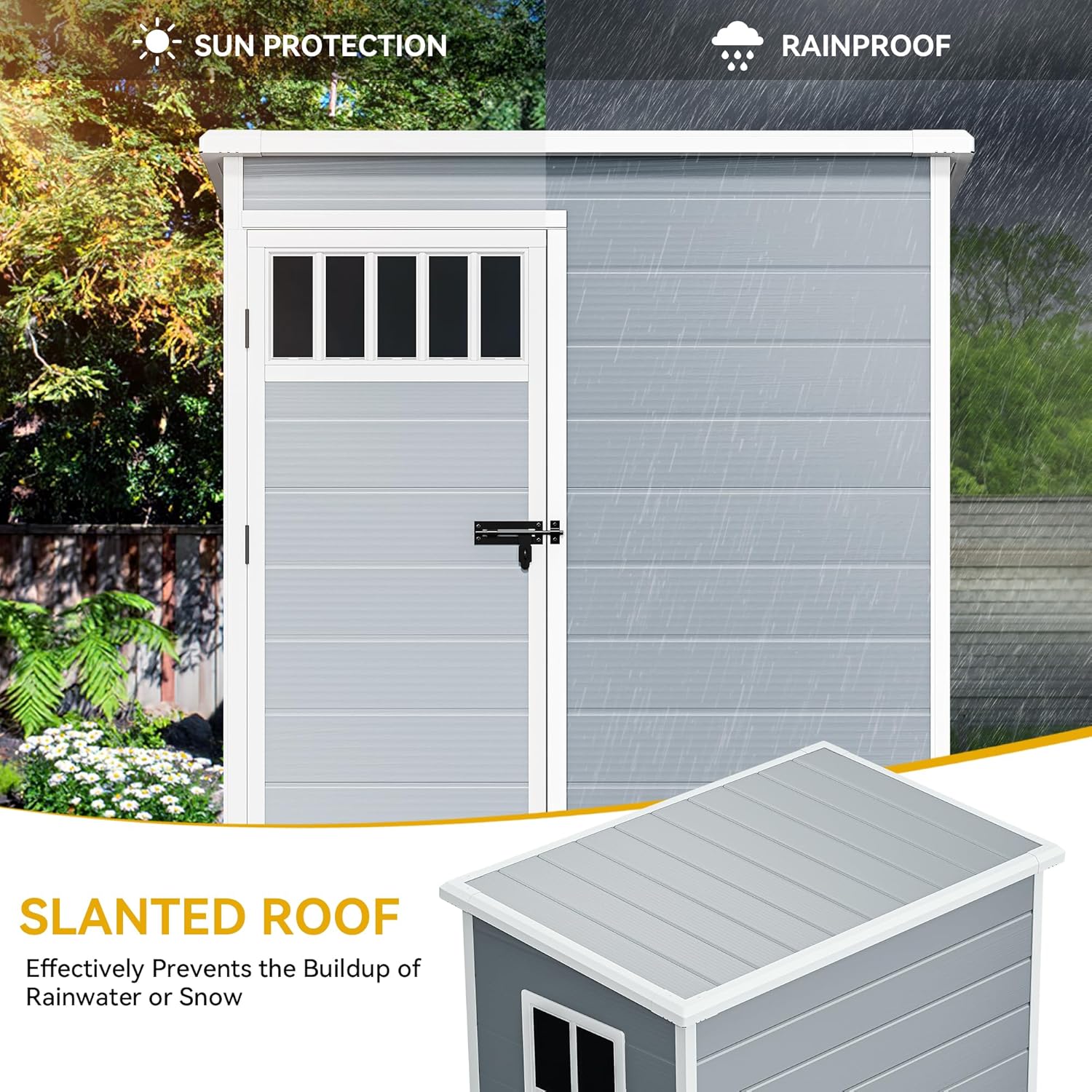 DWVO Outdoor Storage Shed, All-Weather Resin Plastic Storage Shed with Windows, Slanted Roof, Raised Floor, Capacity for Garden Tools & Equipment, Ideal for Backyard & Garden