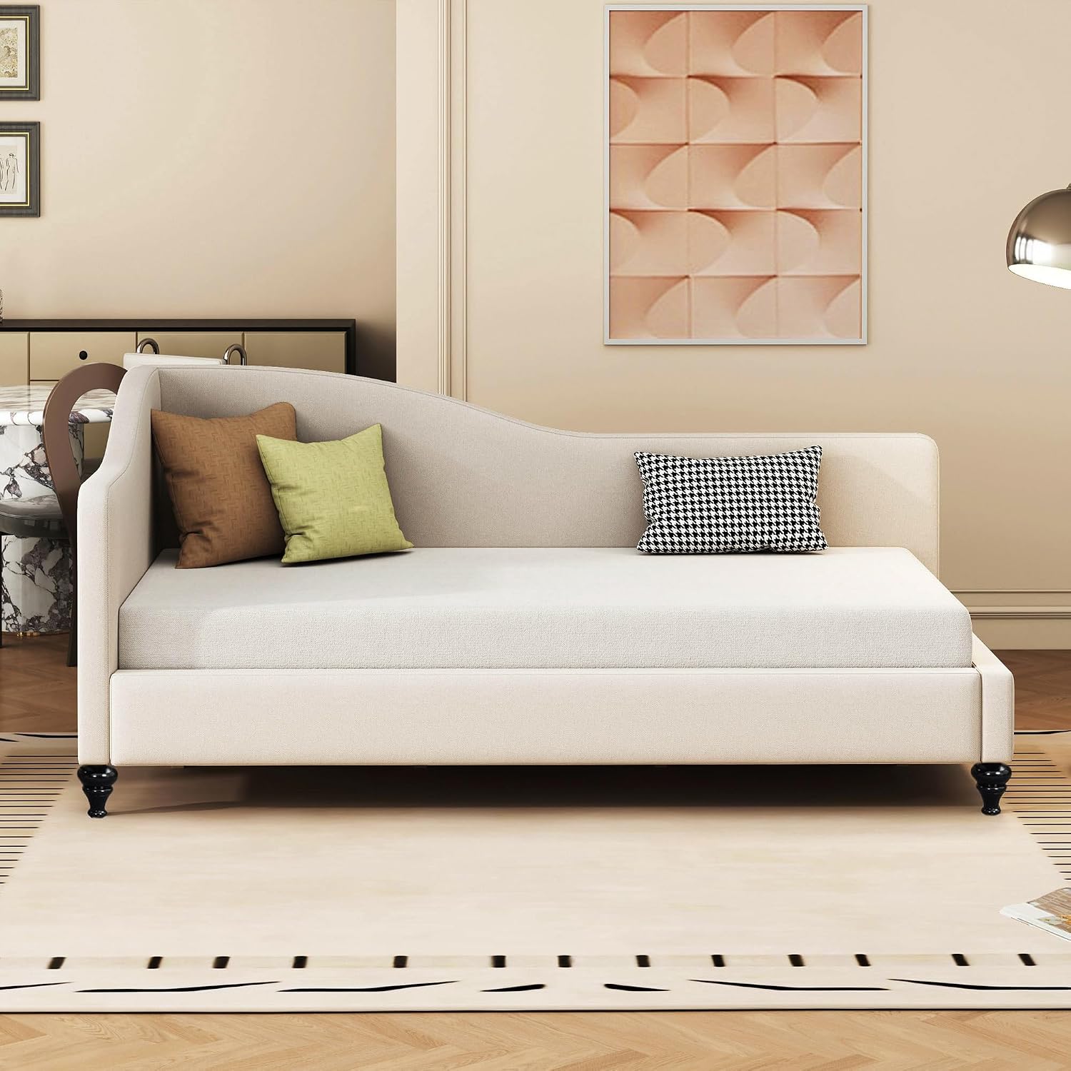 Merax Twin Size Bed Frame Daybed, L-Shaped Linen Corner Sofa with Solid Wood Legs for Living Room & Guest Room, No Box Spring Needed, Beige