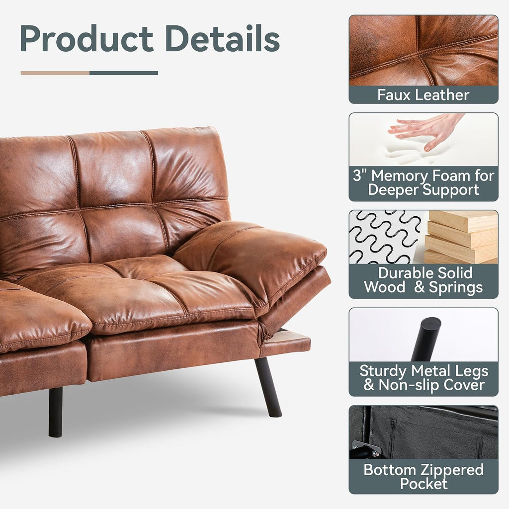 Futon Sofa Bed Convertible Couch, Brown Faux Leather Sofa Bed with Memory Foam, Adjustable Backrest & Armrests, Multifunctional Small Loveseat Sleeper Sofa for Living Room, Apartment, Office