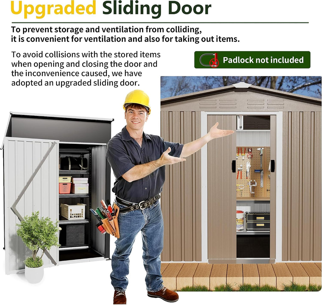 8FT x 6FT Outdoor Storage Shed with Floor,Waterproof Lockable Door Metal Tool Shed with Sliding Door and Air Vents,Storage House for Gardening Tools,Metal Storage Shed for Garden,Backyard,Lawn