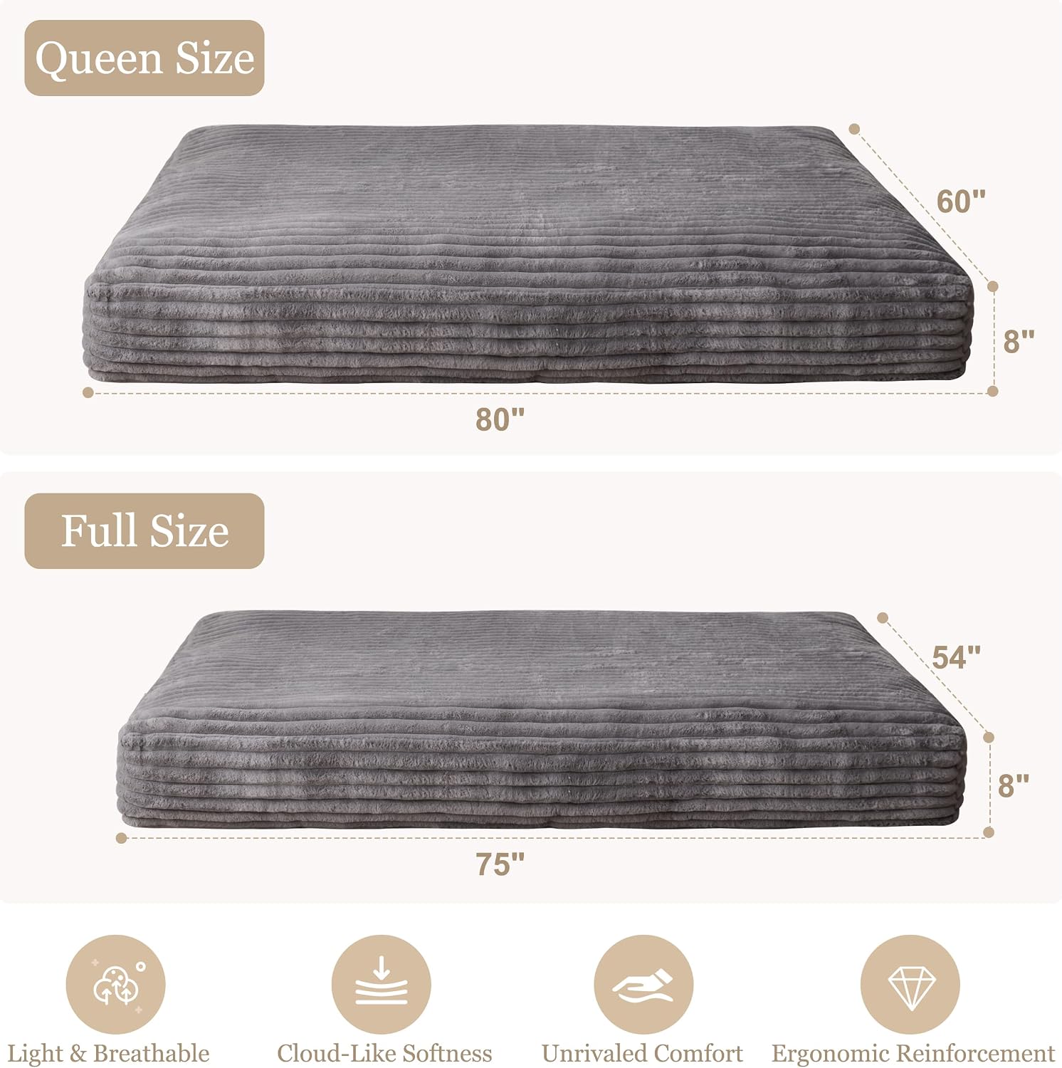 YOSHOOT 8 Inches Futon Mattress, Thick Futons Sofa Bed Couch, Floor Mattress for Adults, Shredded Foam Filling(Frame Not Included), Medium Firm，Queen Size