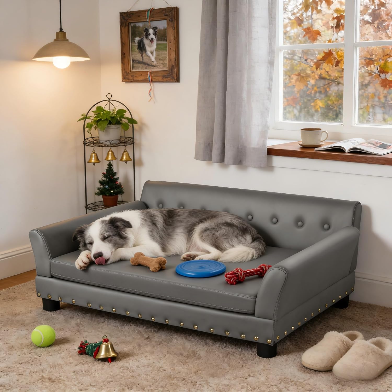 BingoPaw Large Leather Dog Sofa Bed: Pet Couch Orthopedic Made by Scratching Resistant Microfiber Leather - Doggy Heavy Duty Raised Daybed with Thicken Foam for Pets up to 80lbs