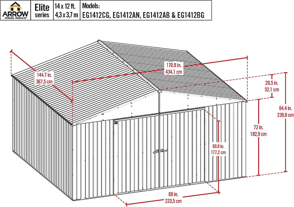 Arrow Shed Elite 14' x 12' Tall Outdoor Steel Storage Shed with High Gable and Lockable Doors Storage Building, Blue Grey