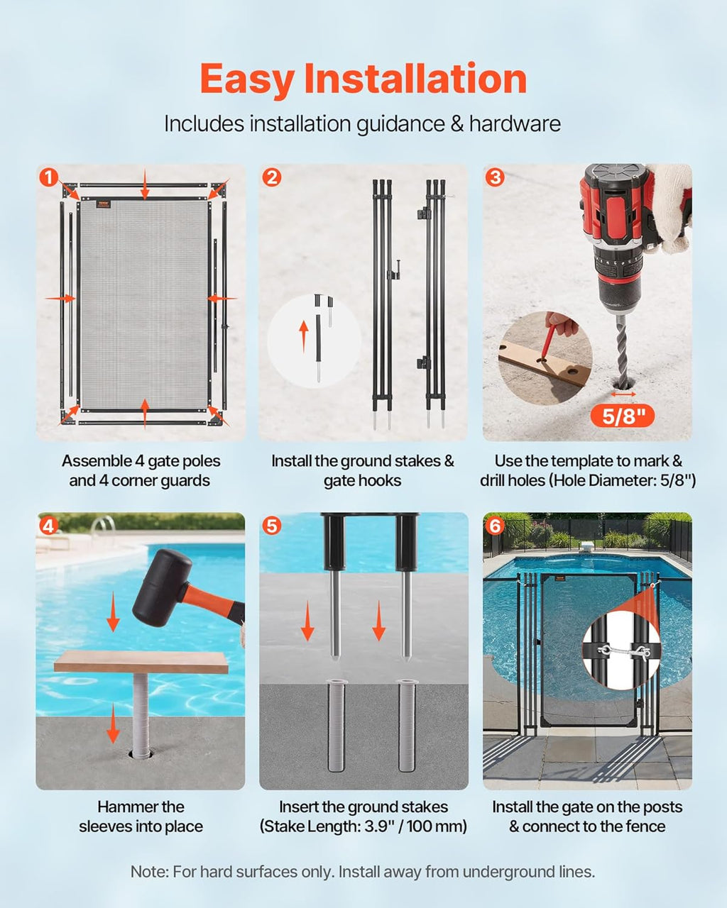 VEVOR Pool Fence, 4 x 2.5 FT Pool Gate for Inground Pools, Pool Safety Fence Gate Kit with Stainless Steel Latch, Removable Child Safety Pool Fencing, Black, 4FTx2.5FT