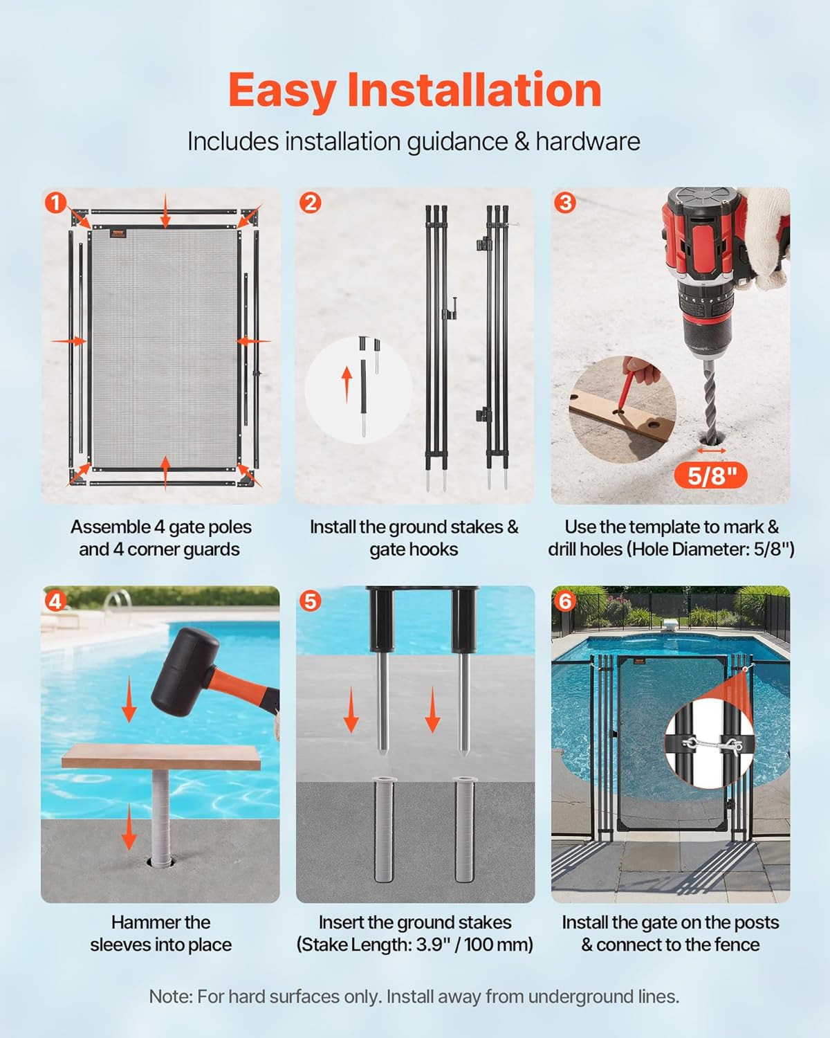 VEVOR Pool Fence, 4 x 2.5 FT Pool Gate for Inground Pools, Pool Safety Fence Gate Kit with Stainless Steel Latch, Removable Child Safety Pool Fencing, Black, 4FTx2.5FT