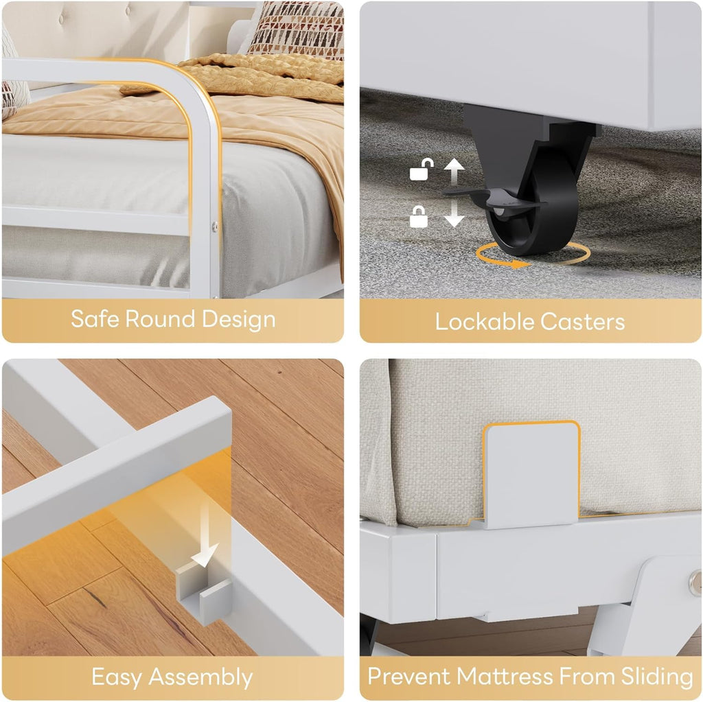 LIKIMIO Daybed with Trundle, Twin Bed Frame with Upholstered Headboard and Charging Station, Sofa Day Bed with Strong Supports for Living Room, Bedroom and Guest Room, White