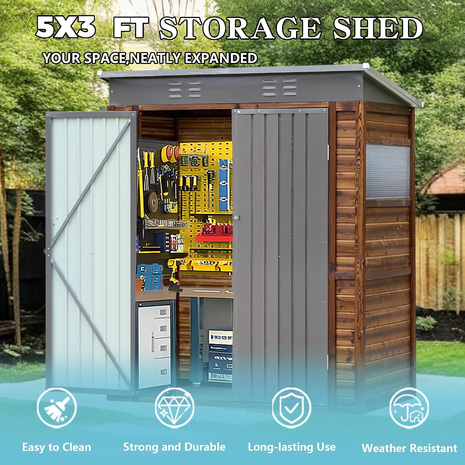 5x3 FT Outdoor Wood Storage Shed, Garden Tool Shed with Windows, Outside Storage Shed Waterproof for Backyard, Garden, Patio, 4 Vents (Without Floor) Wood Color