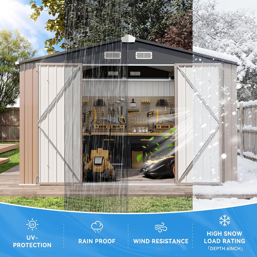 Aoxun 8x6 FT Outdoor Storage Shed - Metal Shed with Lockable Doors & Air Vents, Waterproof Outside Storage Shed for Tool, Garbage Can, Bike, Mower, for Backyard Garden Patio, Brown