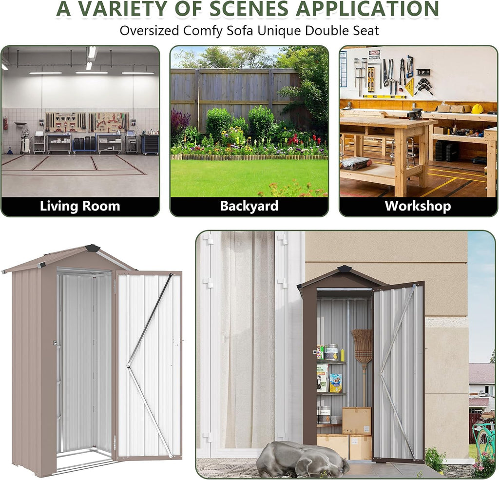 2.5x1.4 FT Outdoor Storage Shed, Small Metal Tool Shed with Waterproof Roof and Lockable Door, Garden Tool Sheds Storage Cabinet for Backyard Patio Lawn, Brown