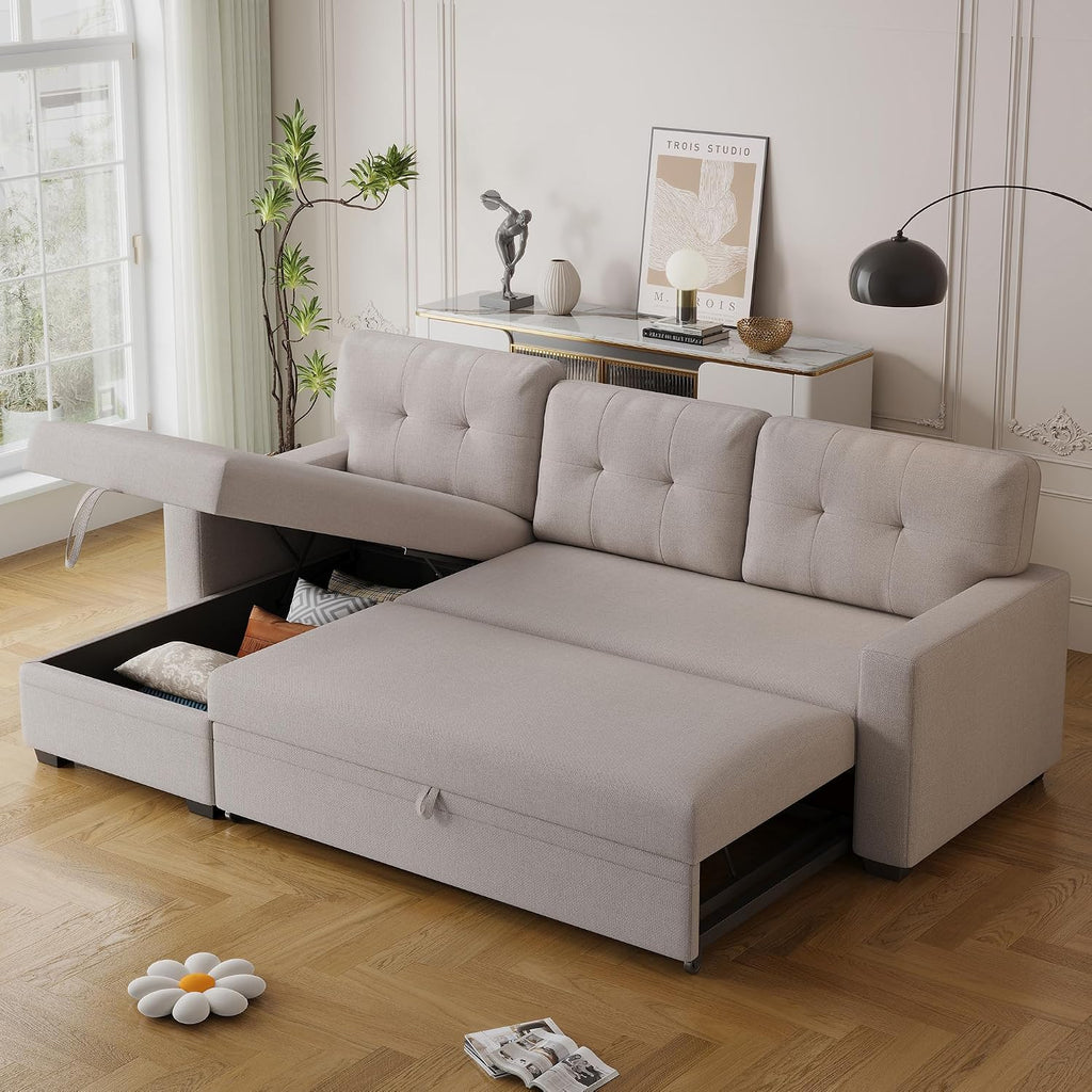 Ball & Cast Convertible Sectional Sleeper Sofa Bed L Shaped,4 in 1 Pull Out Couch with Reversible Storage Chaise & Removable Back Cushions,Sleeper Corner Pull Out Sofa Bed Couch for Living Room,Office