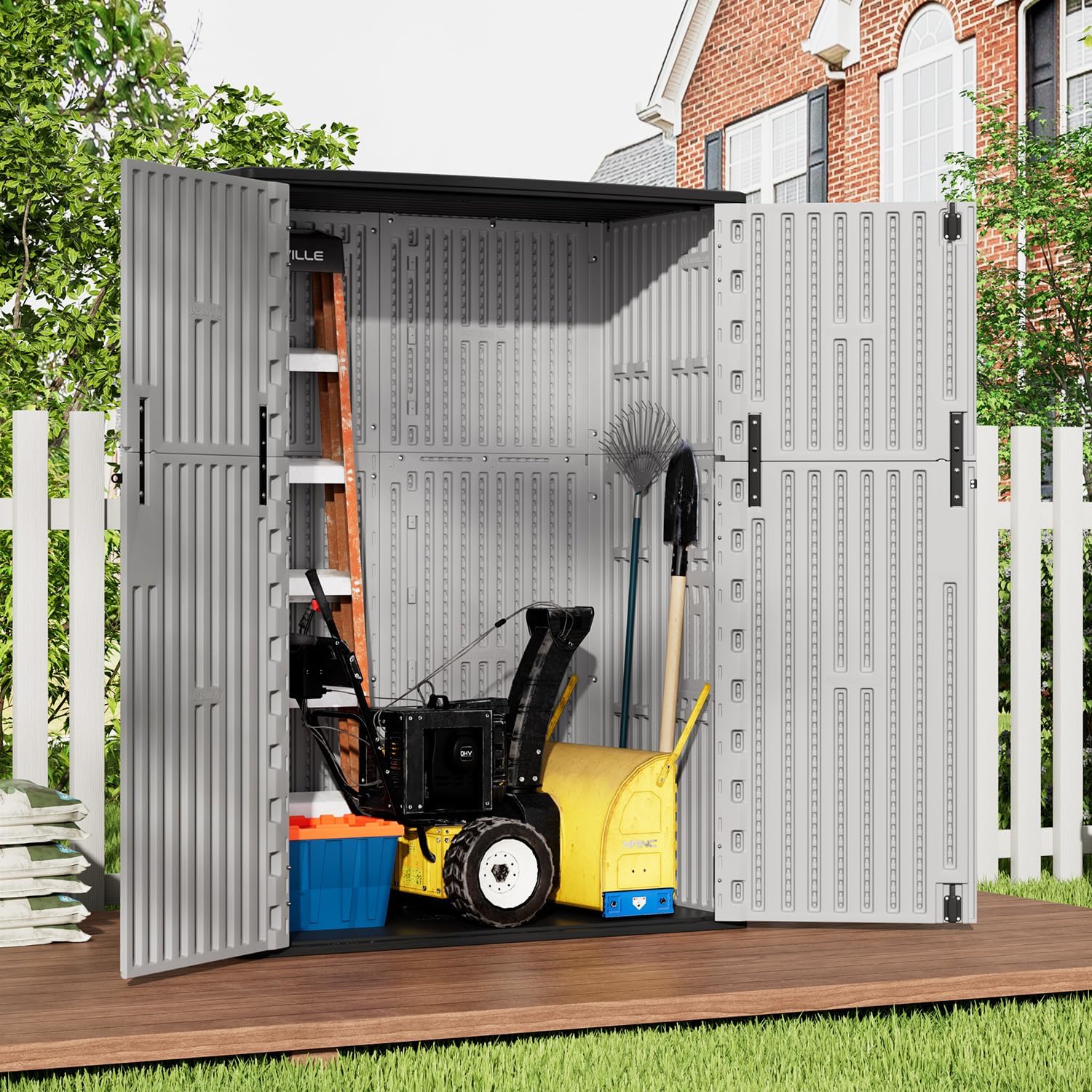 HOMSPARK Outdoor Storage Shed 57 Cu.Ft, All-Weather Resistant Resin Garden Sheds & Outdoor Storage Clearance with Floor, Double-Layer Plastic Tool Sheds for Patio, Garden & Lawn (Light Gray)
