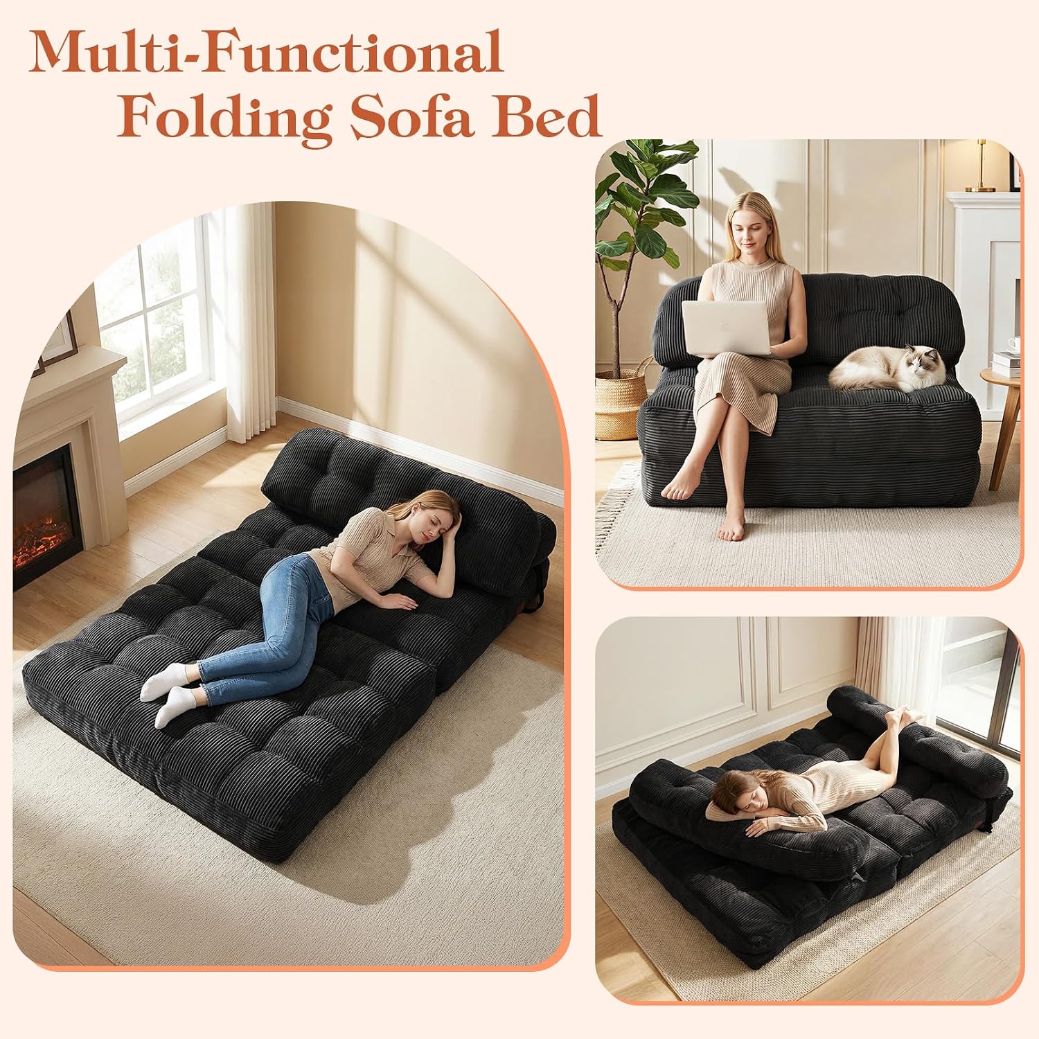Folding Sofa Bed, Convertible Sleeper Chair with Back Support and Pillow Futon, Boneless Matress, for Living Room/Guest Use/Home Office, Foldable Chair Bed for Adults, Black, Full