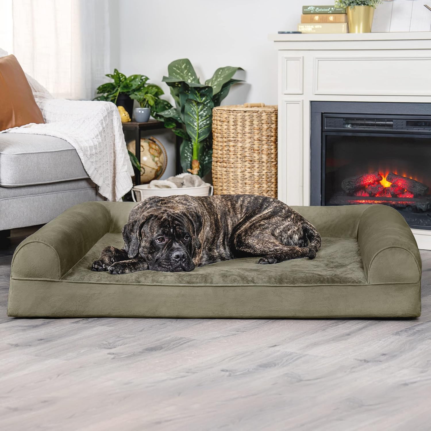 Furhaven Orthopedic Dog Bed for Large Dogs w/ Removable Bolsters & Washable Cover, For Dogs Up to 125 lbs - Faux Fur & Velvet Sofa - Dark Sage, Jumbo Plus/XXL