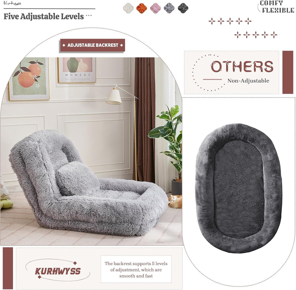 Upholstered Human Dog Bed for Adult & Pets, Convertible Lazy Sofa Bed with 5 Adjustable Position, Comfy Tatami Bean Bag Lounge Chair with a Soft Pillow for Bedroom Living Room (Light Gray Fluffy)