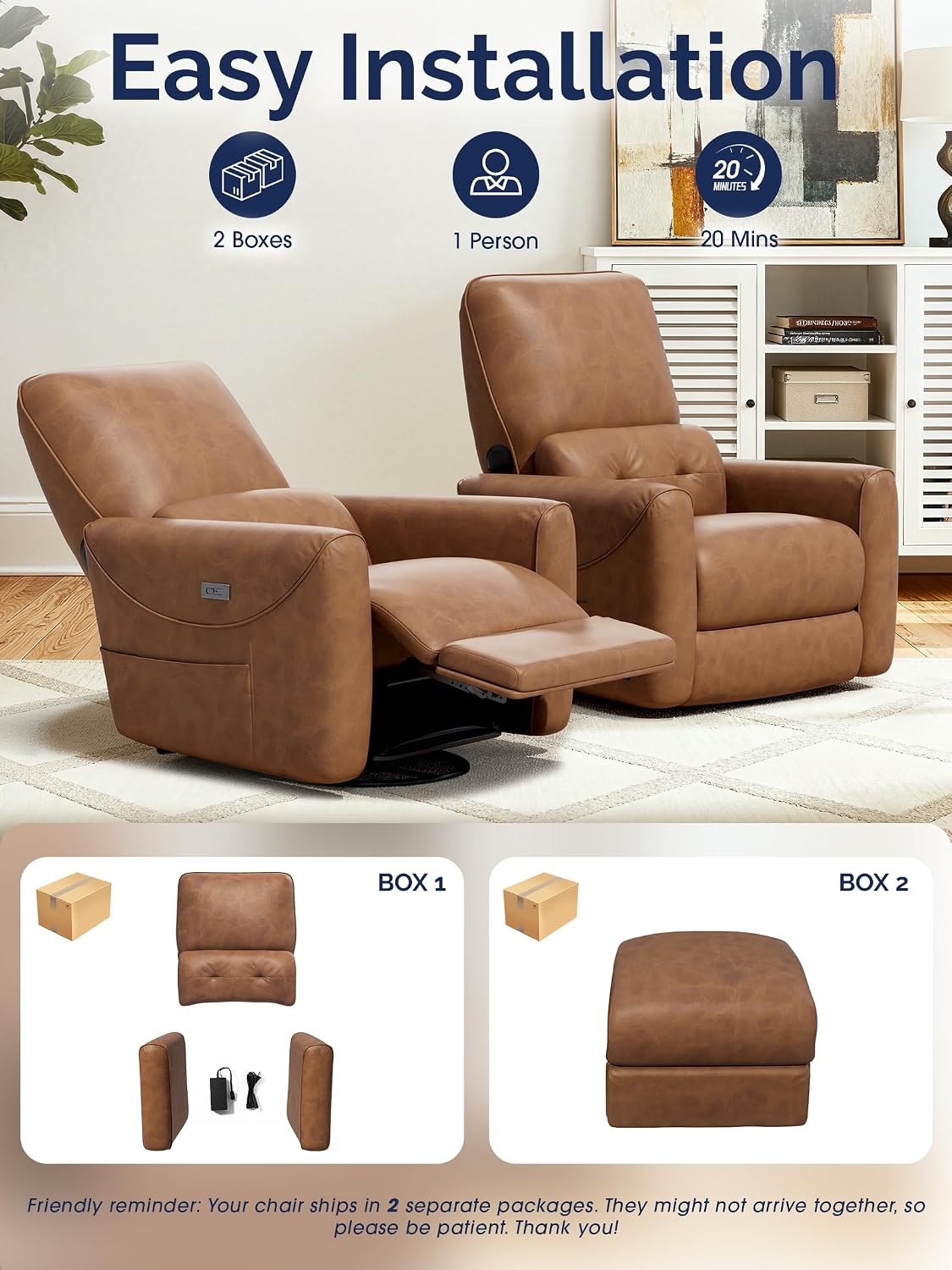KINGYES Nursery Recliner Rocking Chair, 270° Swivel Glider, with Bluetooth Speaker & USB-C Port, Faux Leather Nursery Rocking Chair, Brown
