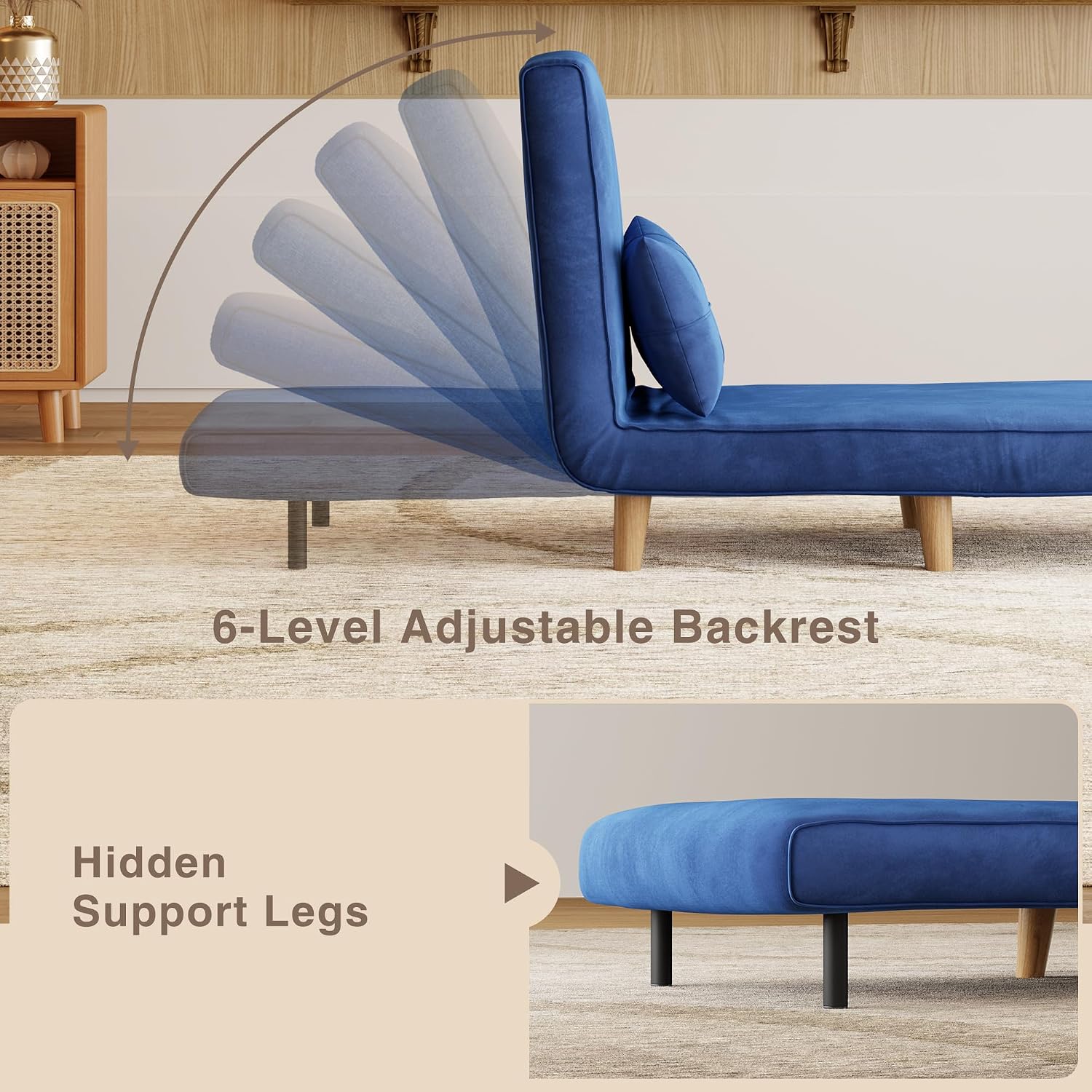 Aiho 3 in 1 Sleeper Chair, Convertible Futon Chair Bed, Velvet Sofa Bed with Adjustable Backrest, Living Room Chair for Apartment/Bedroom/Guest Room, Blue