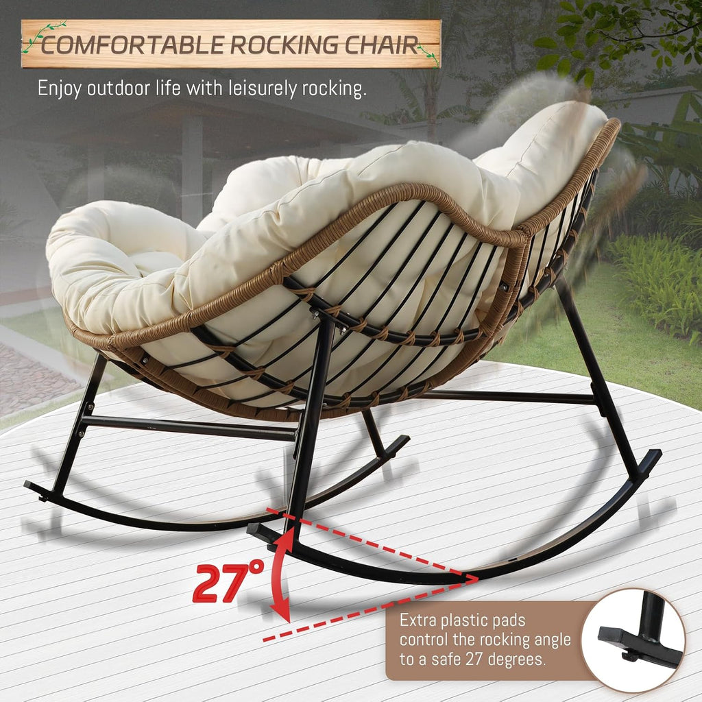 BULEXYARD Oversized Papasan Rocking Chair Set of 4, Double Wide Egg Rocking Chair with Ottomans and Cushion, 450 Lbs, Wicker Rattan Royal Loveseat Recliner for Indoor Outdoor Backyard, Garden Beige