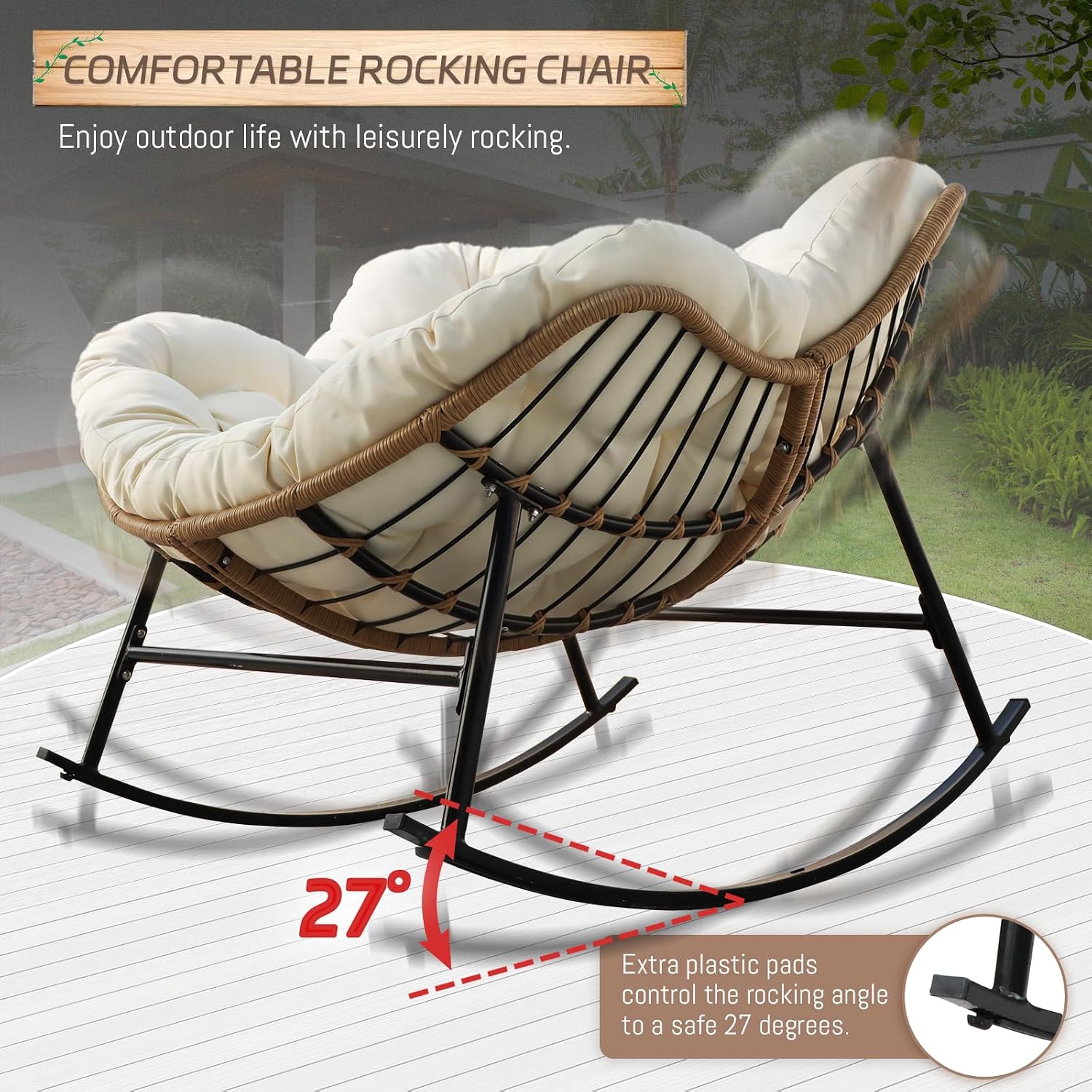 BULEXYARD Oversized Papasan Rocking Chair Set of 4, Double Wide Egg Rocking Chair with Ottomans and Cushion, 450 Lbs, Wicker Rattan Royal Loveseat Recliner for Indoor Outdoor Backyard, Garden Beige