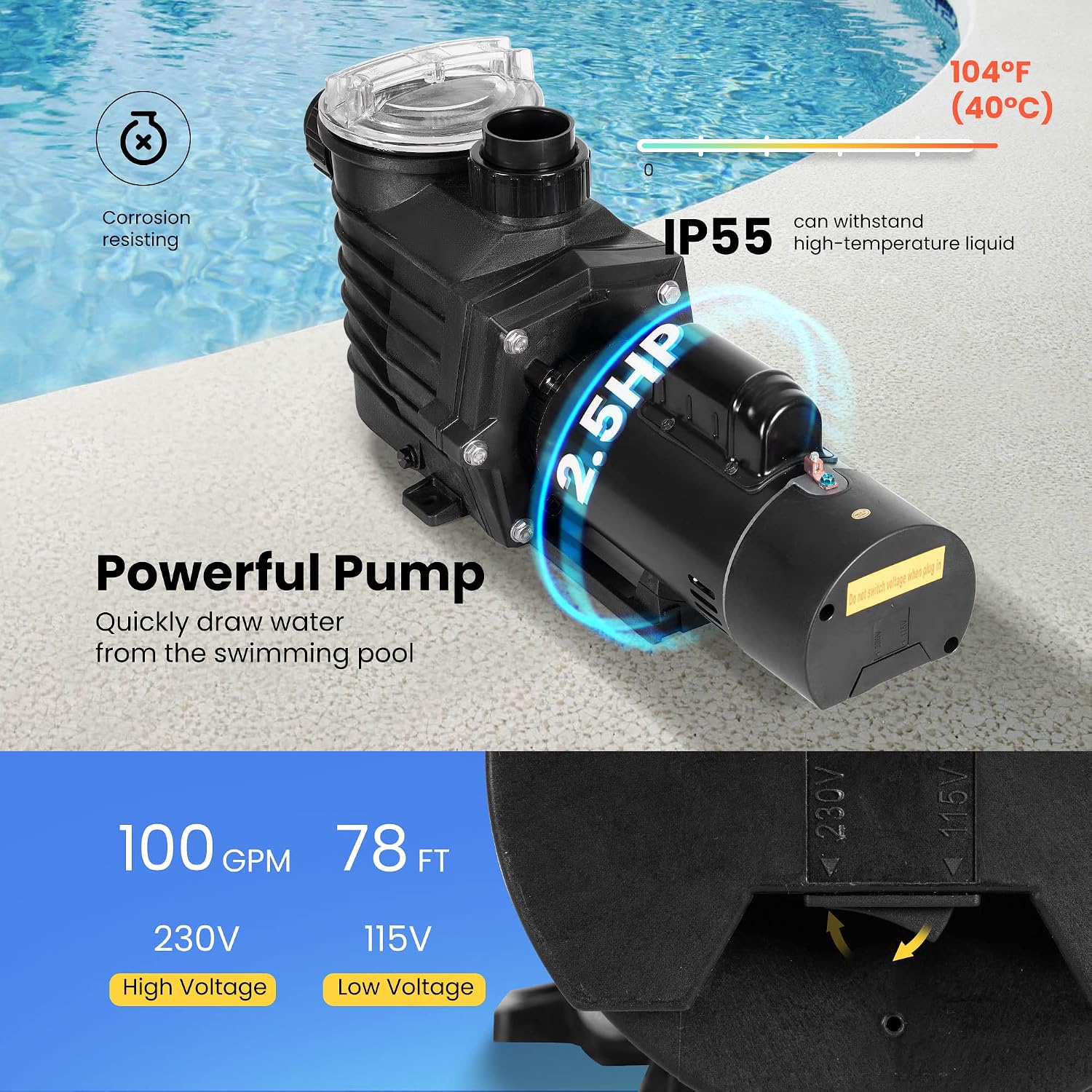 VIVOHOME 2.5HP Dual Voltage Pool Pump, High Lift 78FT Self-Priming, DOE Energy Saving, 1.5' & 2' Connectors w/Strainer Basket for In/Above Ground Pools