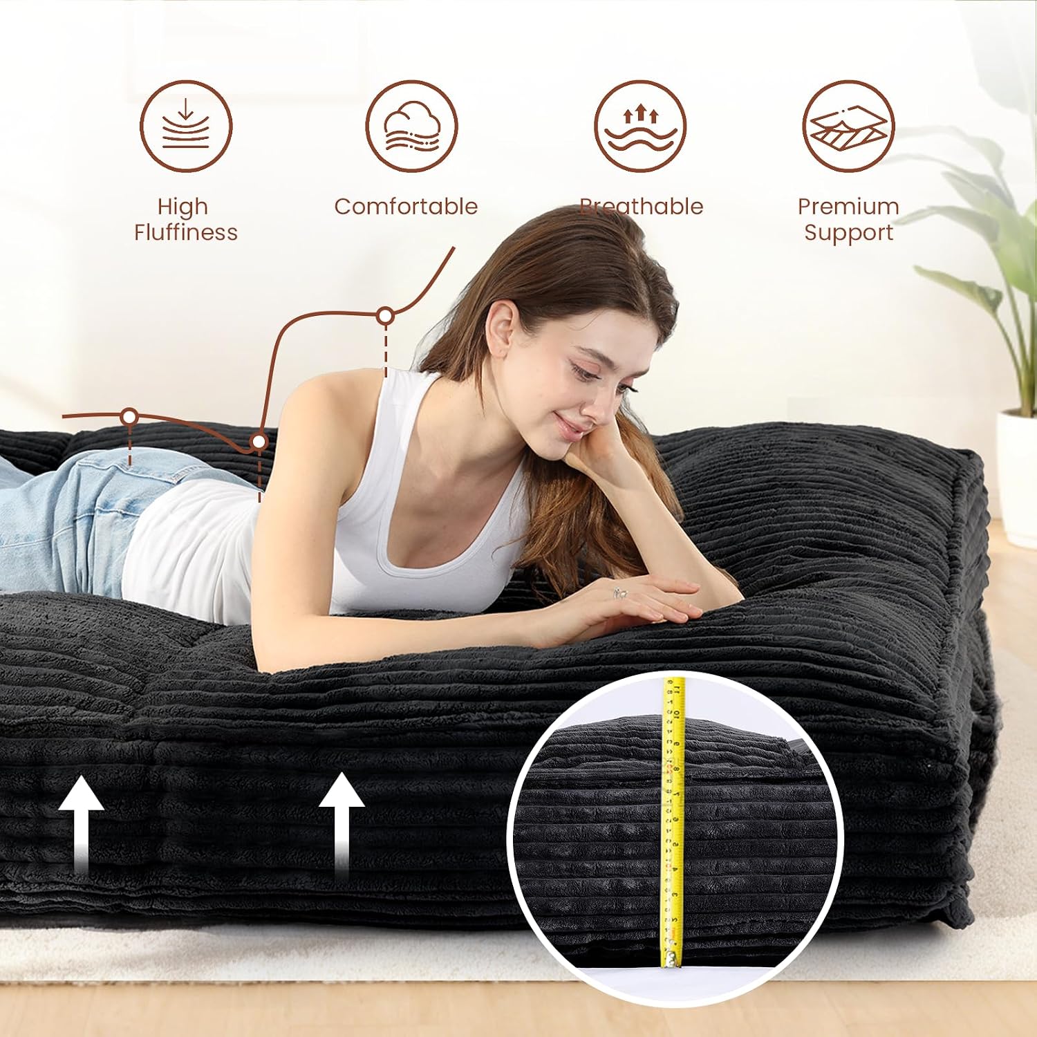 10 Inch Thick Futon Mattress, Shredded High Density Foam Floor Mattress, Portable Foldable Sleeping Mattress, Corduroy Lounger Bed for Guest Room Dorm Apartment Camping Travel
