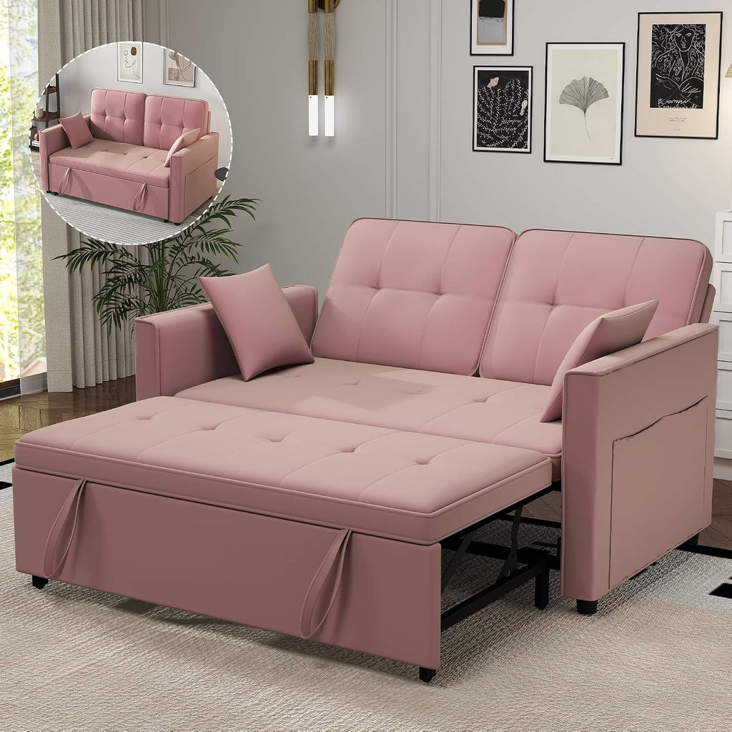 Pink Convertible Sofa Bed: 3 in 1 Sleeper Sofa Couch Bed, Pull Out Couch with Adjustable Backrest, Velvet Convertible Loveseat Sleeper, for Living Room, for Living Room(Pink)